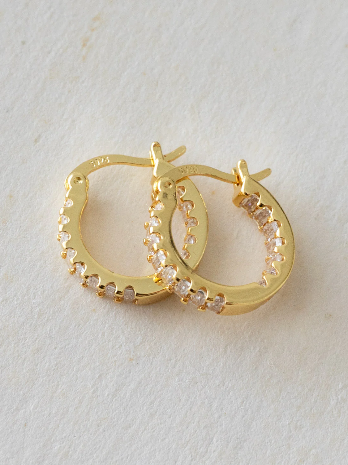 Sparkle Gemstone Mini Hoops, S925 - Clear, Gold - Image 4