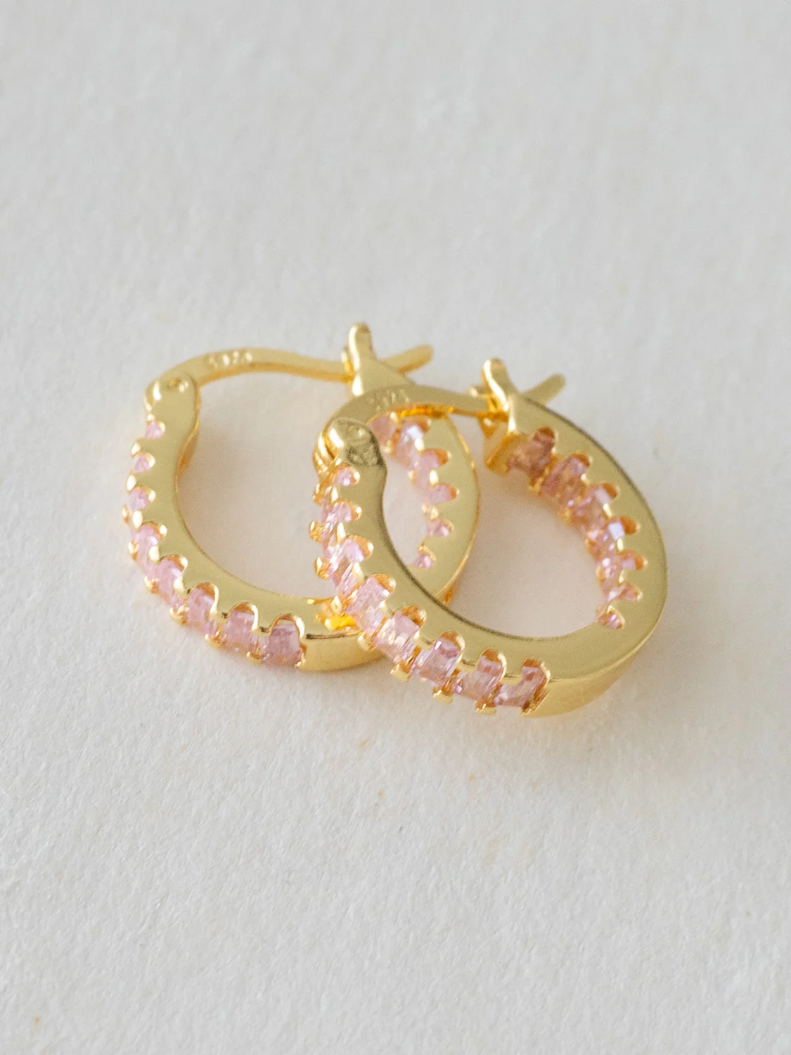 Sparkle Gemstone Mini Hoops, S925 - Light Pink, Gold - Image 2