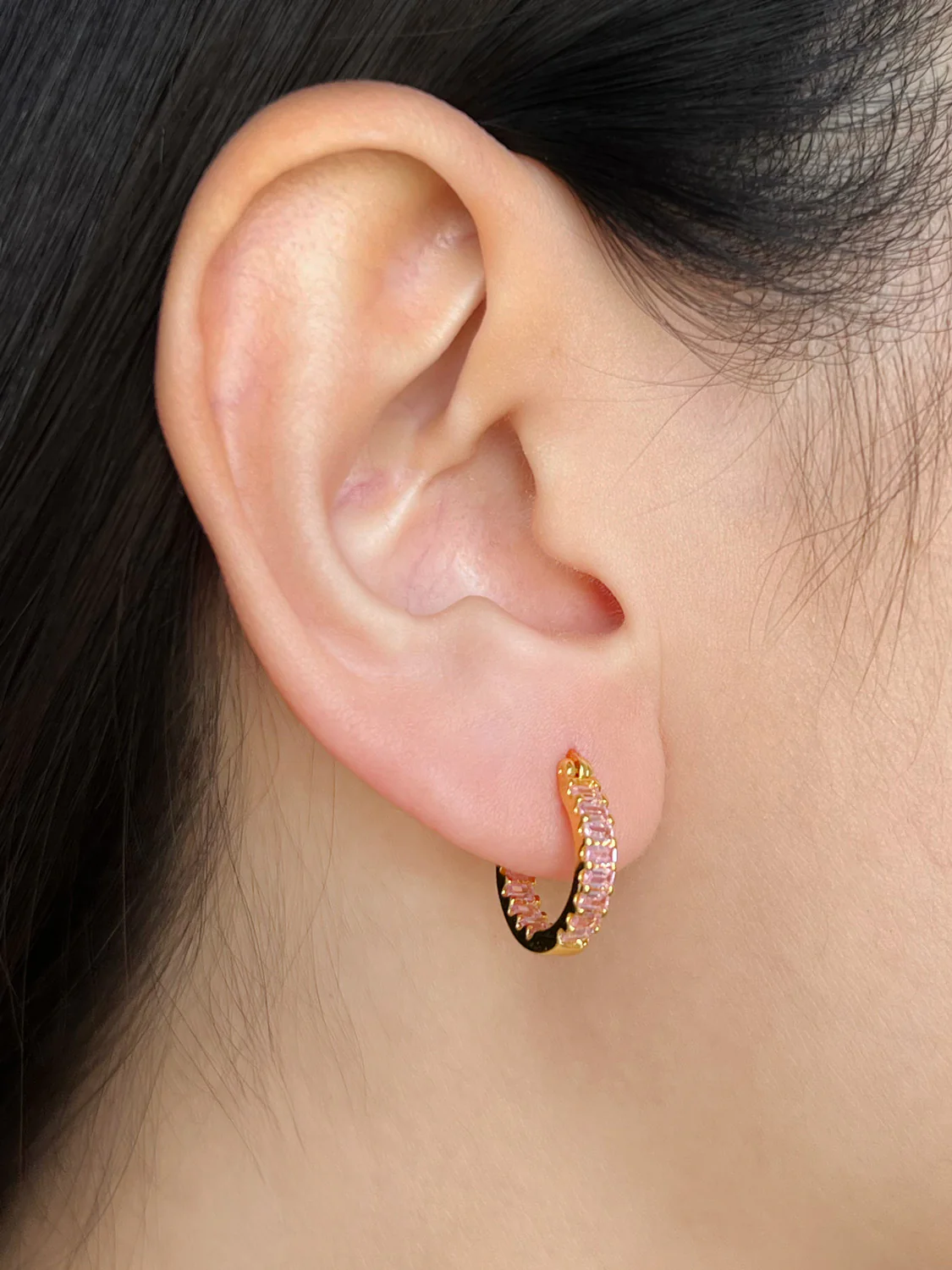 Sparkle Gemstone Mini Hoops, S925 - Light Pink, Gold - Image 3