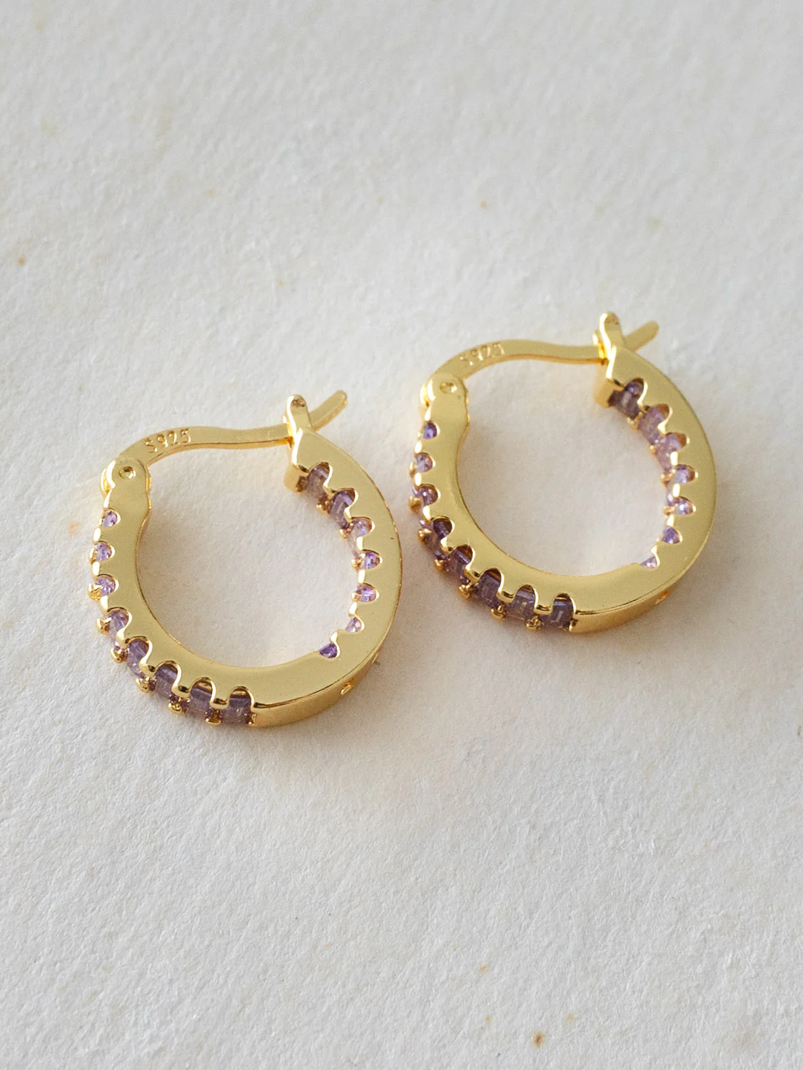 Sparkle Gemstone Mini Hoops, S925 - Lilac, Gold - Image 3