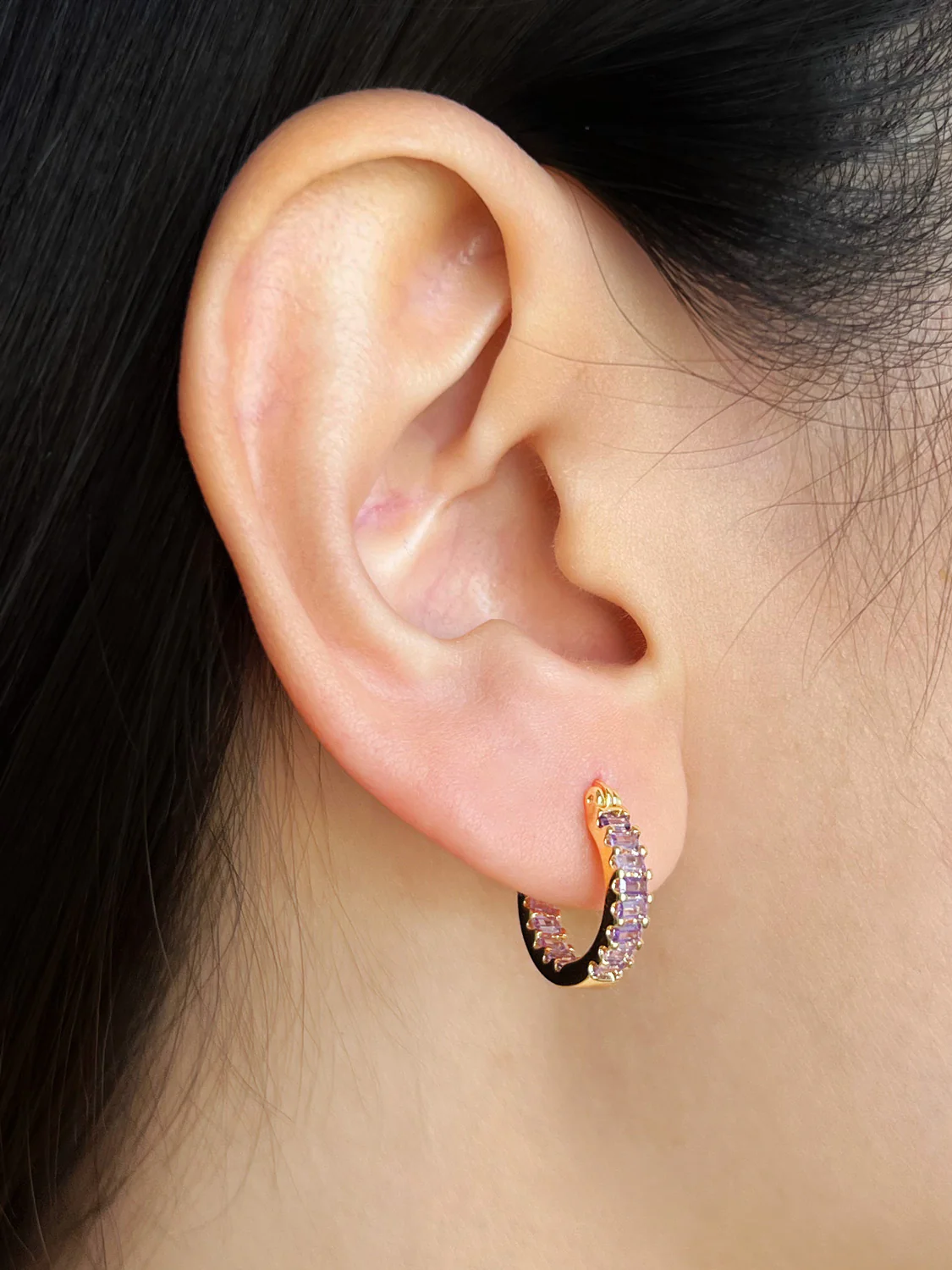 Sparkle Gemstone Mini Hoops, S925 - Lilac, Gold - Image 4