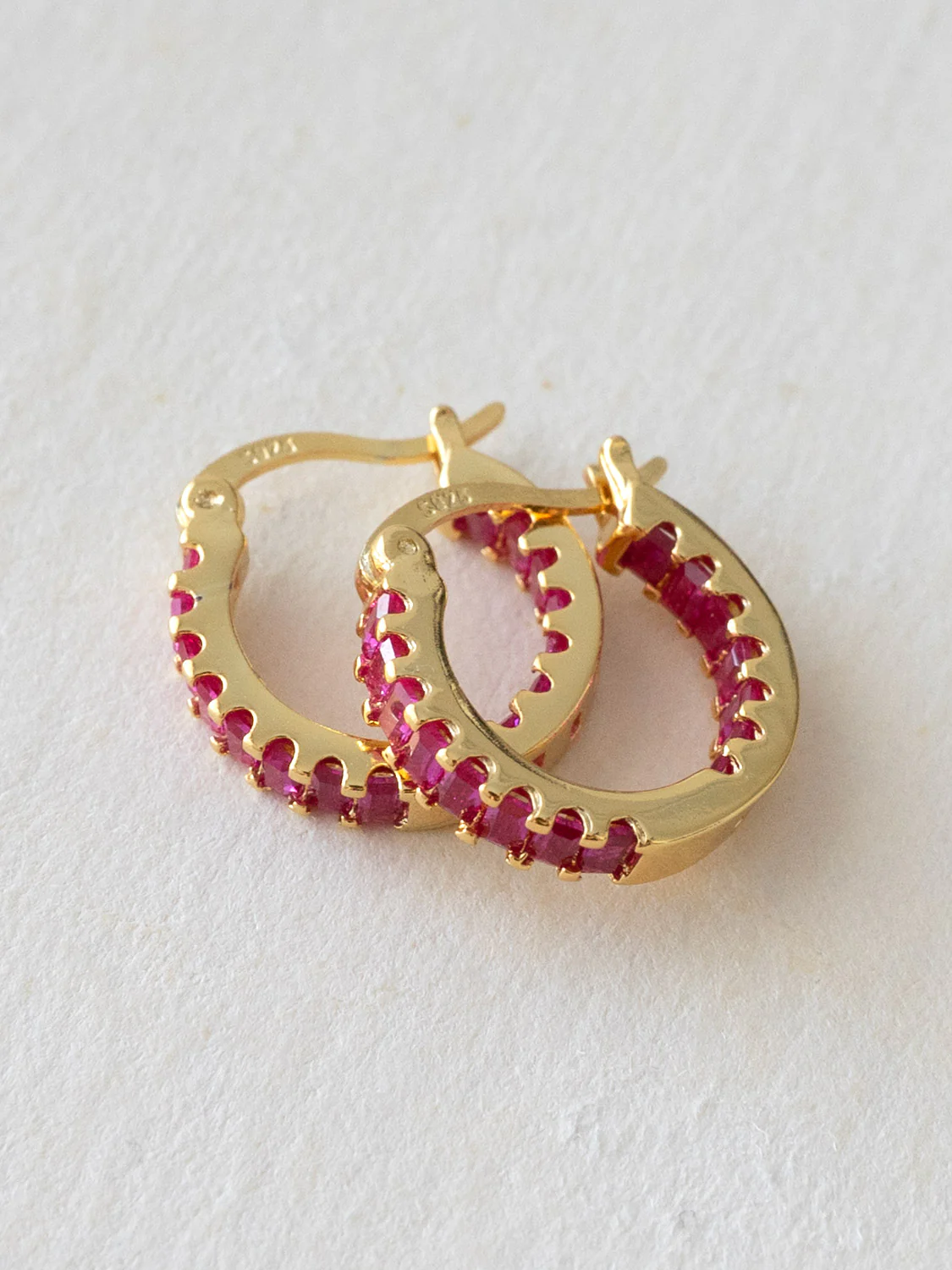 Sparkle Gemstone Mini Hoops, S925 - Magenta, Gold - Image 3