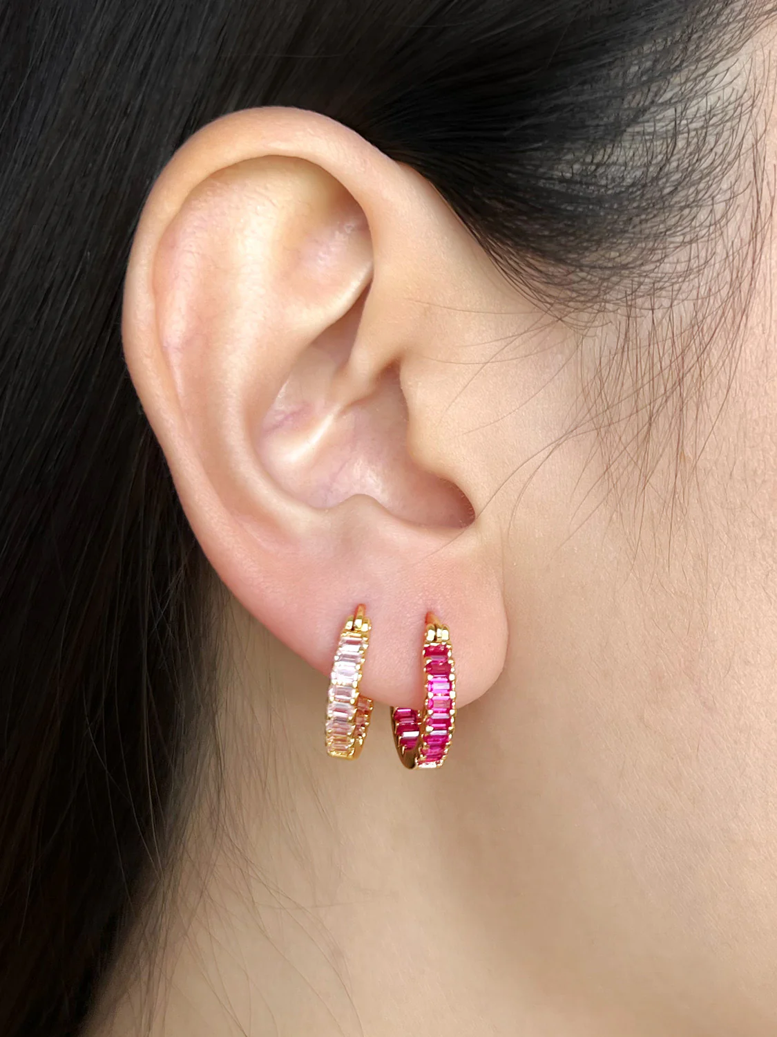 Sparkle Gemstone Mini Hoops, S925 - Light Pink, Gold - Image 5