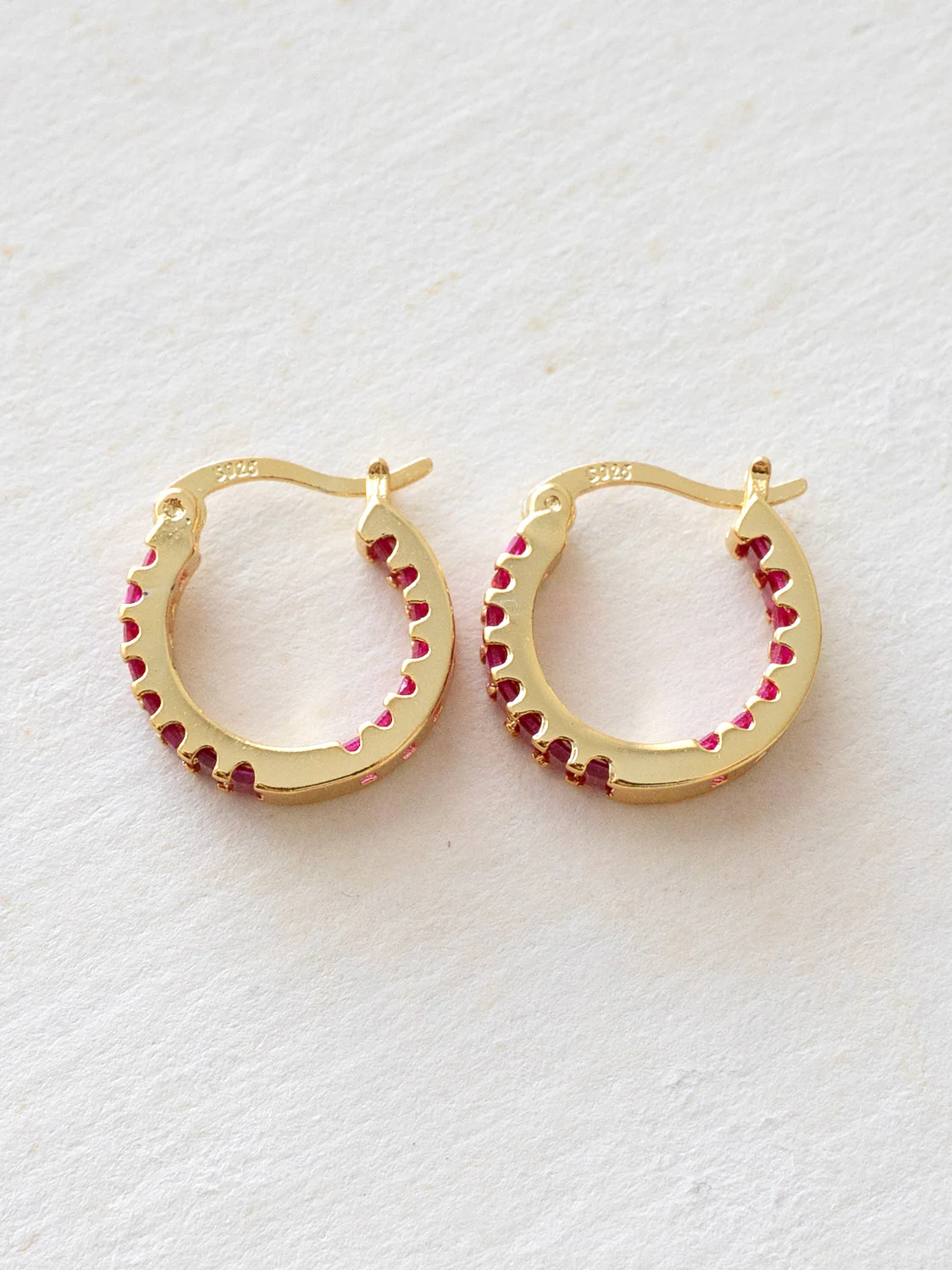 Sparkle Gemstone Mini Hoops, S925 - Magenta, Gold - Image 5
