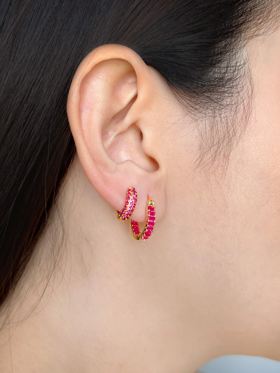 Chunky Gemstone-Encrusted Huggies, S925 - Magenta Pink, Gold - Image 6