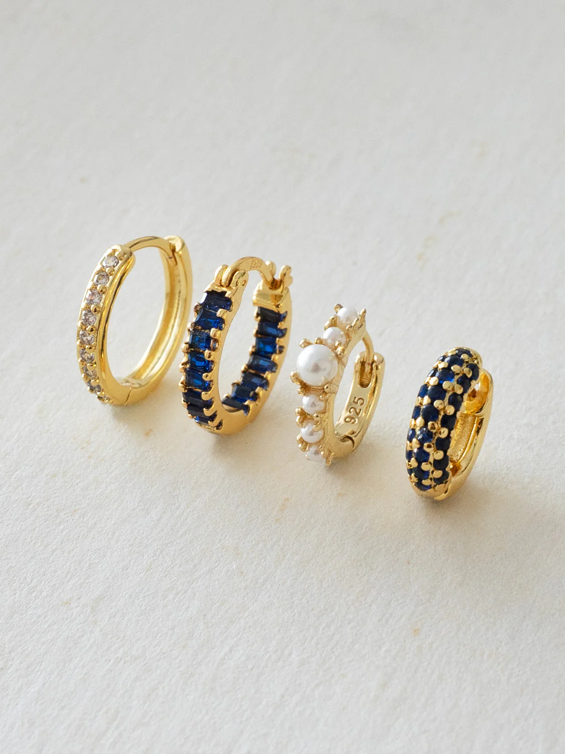 Sparkle Gemstone Mini Hoops, S925 - Royal Blue, Gold - Image 2