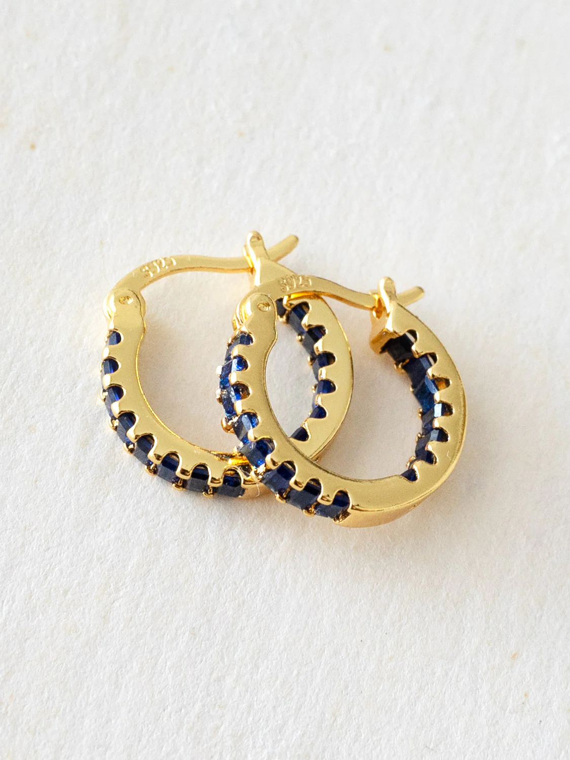 Sparkle Gemstone Mini Hoops, S925 - Royal Blue, Gold - Image 3