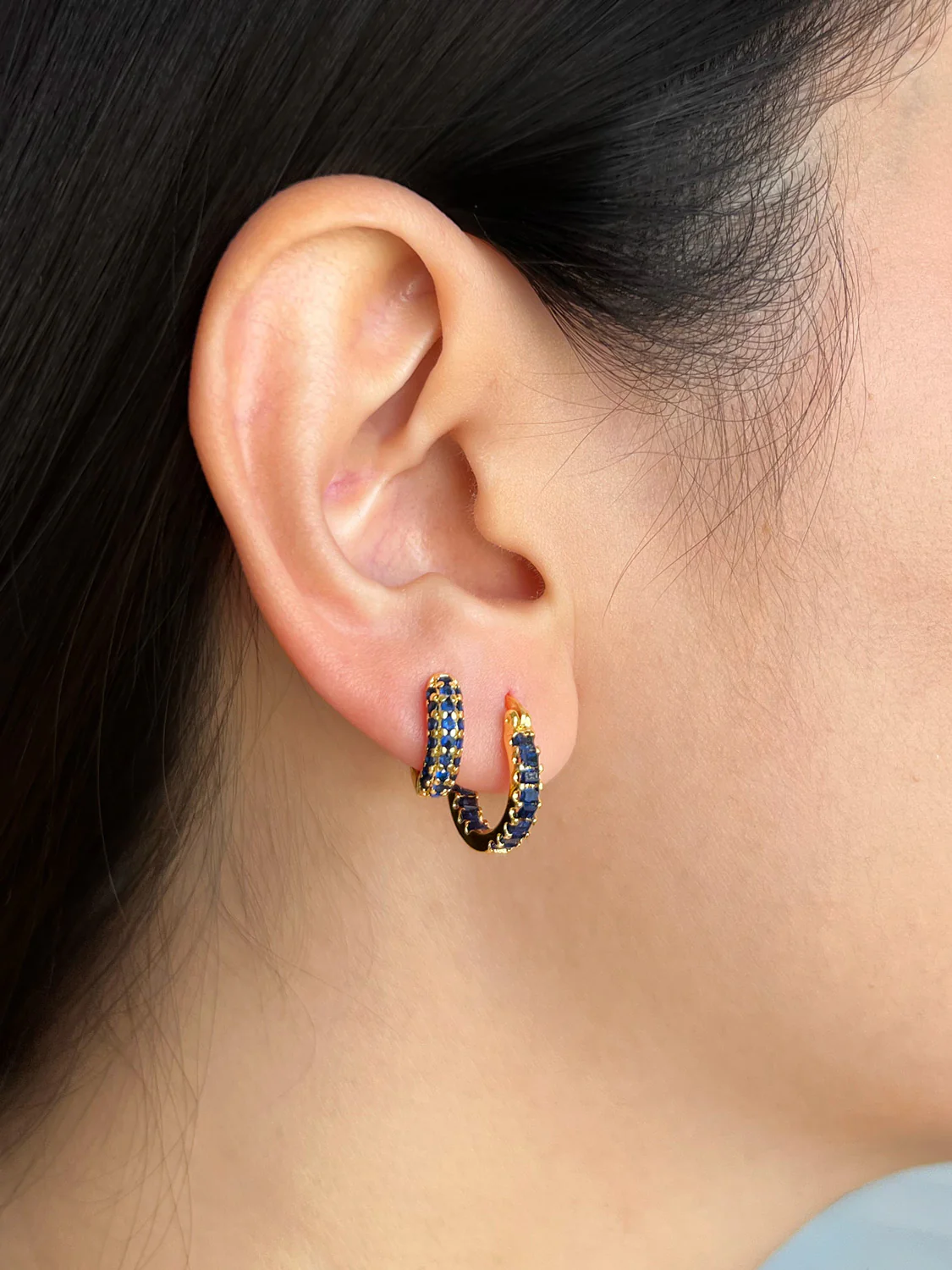 Sparkle Gemstone Mini Hoops, S925 - Royal Blue, Gold - Image 4