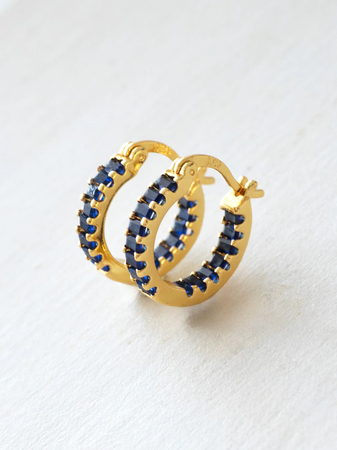 Sparkle Gemstone Mini Hoops, S925 - Royal Blue, Gold - Image 5