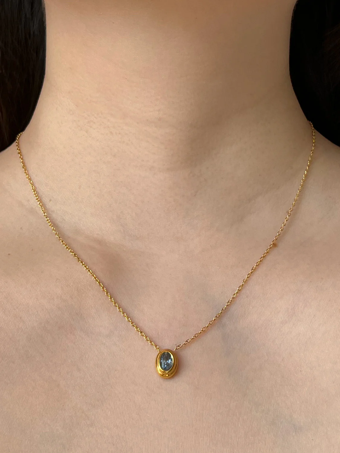 Stainless Steel Necklace With Oval Gemstone - Cornflower Blue - Image 3