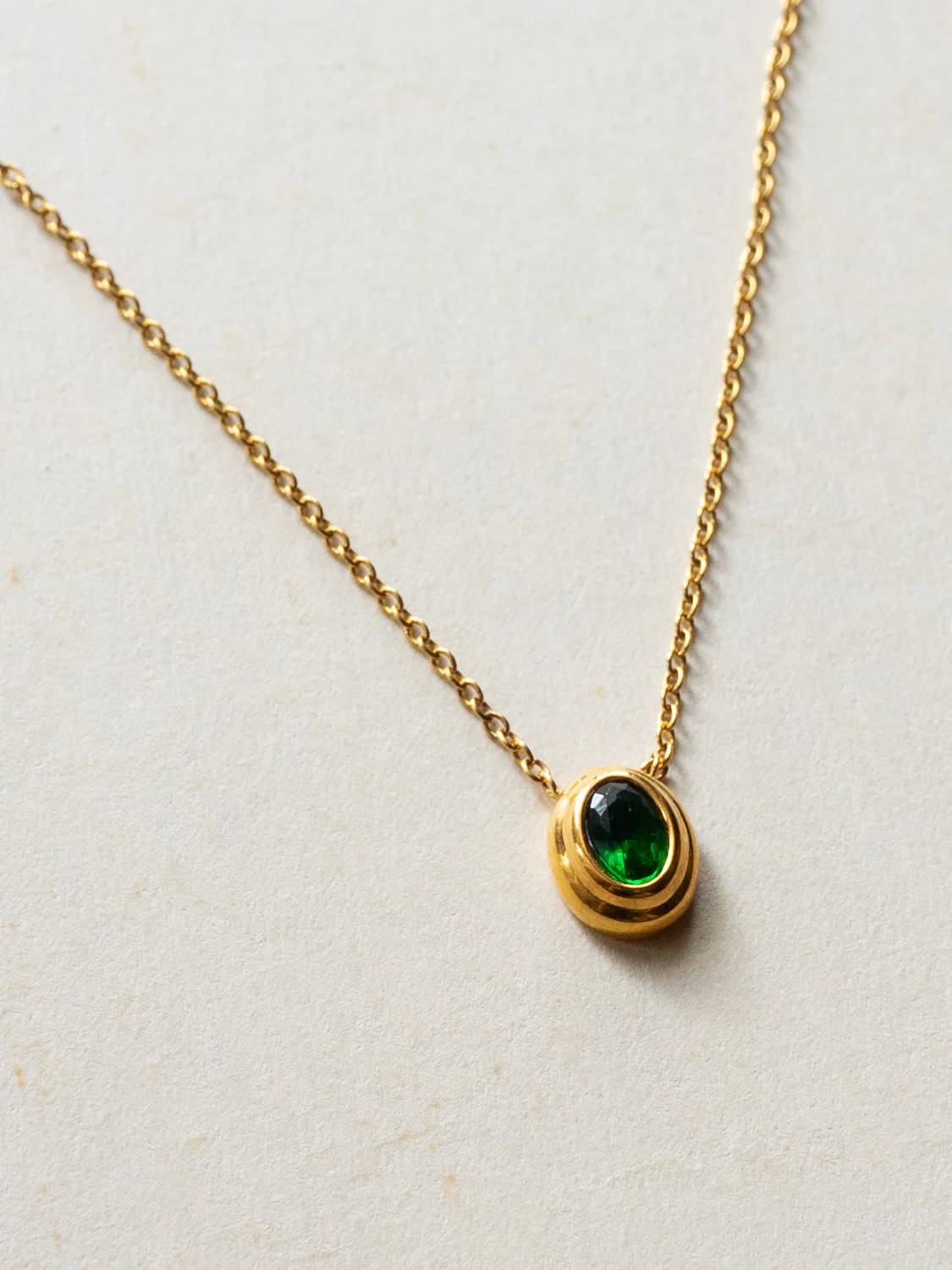 Stainless Steel Necklace With Oval Gemstone - Emerald Green - Image 3
