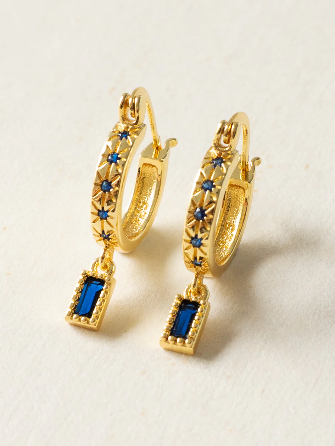 Starburst Huggies with Rectangular Gemstone, S925 - Blue, Gold - Image 2
