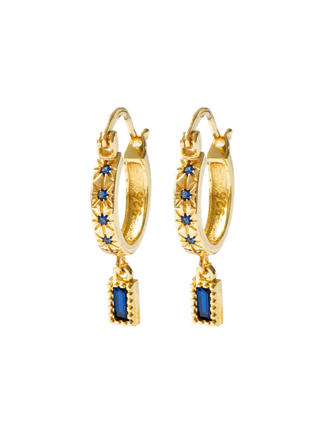Starburst Huggies with Rectangular Gemstone, S925 - Blue, Gold - Image 4