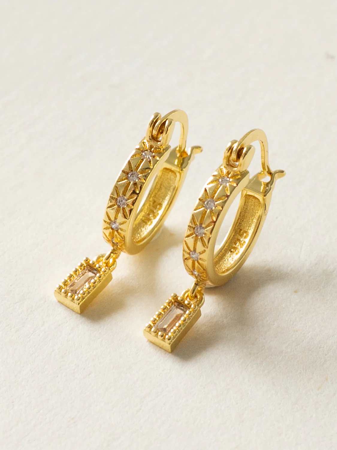Starburst Huggies with Rectangular Gemstone, S925 - Clear, Gold - Image 2