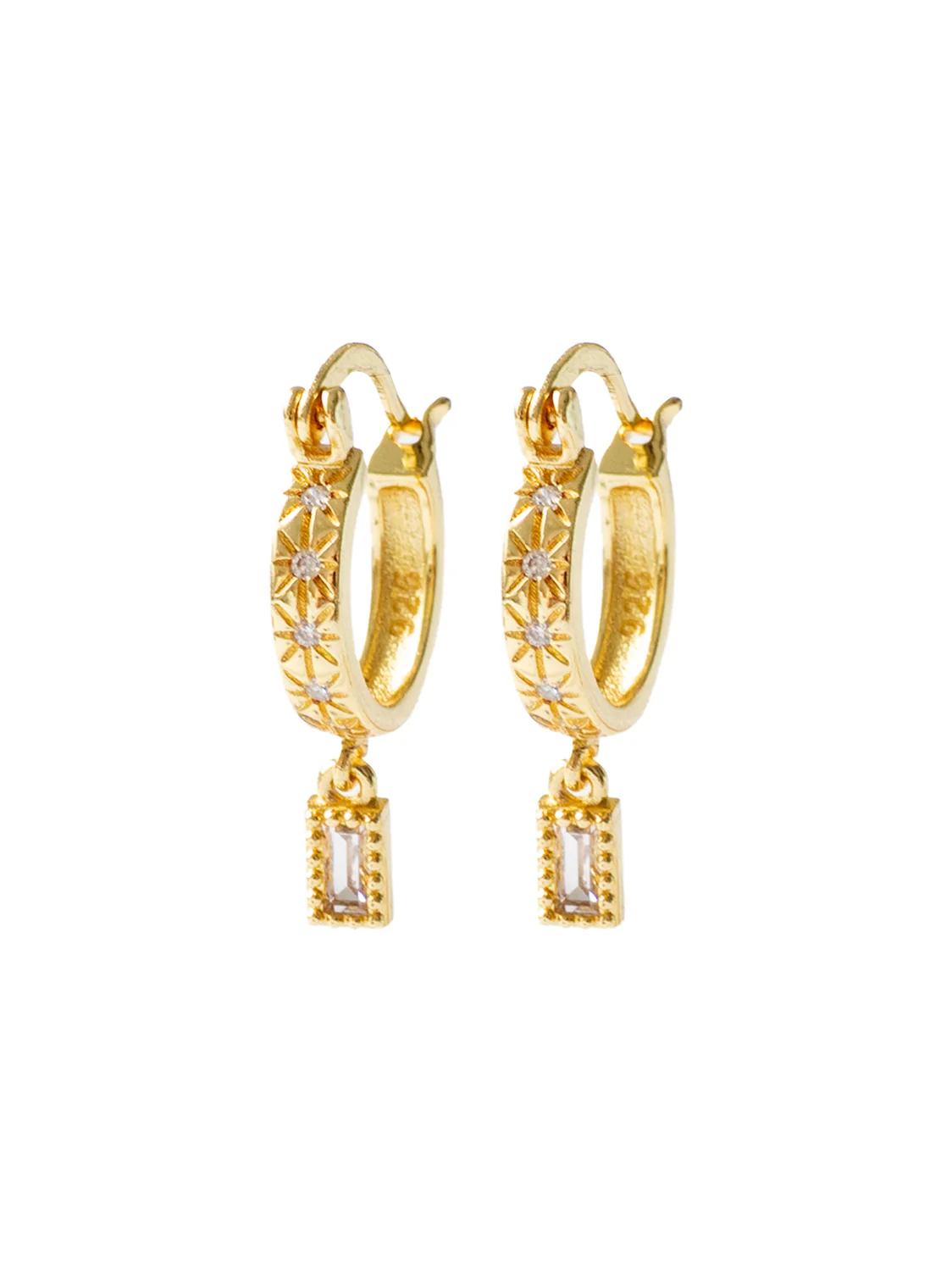 Starburst Huggies with Rectangular Gemstone, S925 - Clear, Gold - Image 3