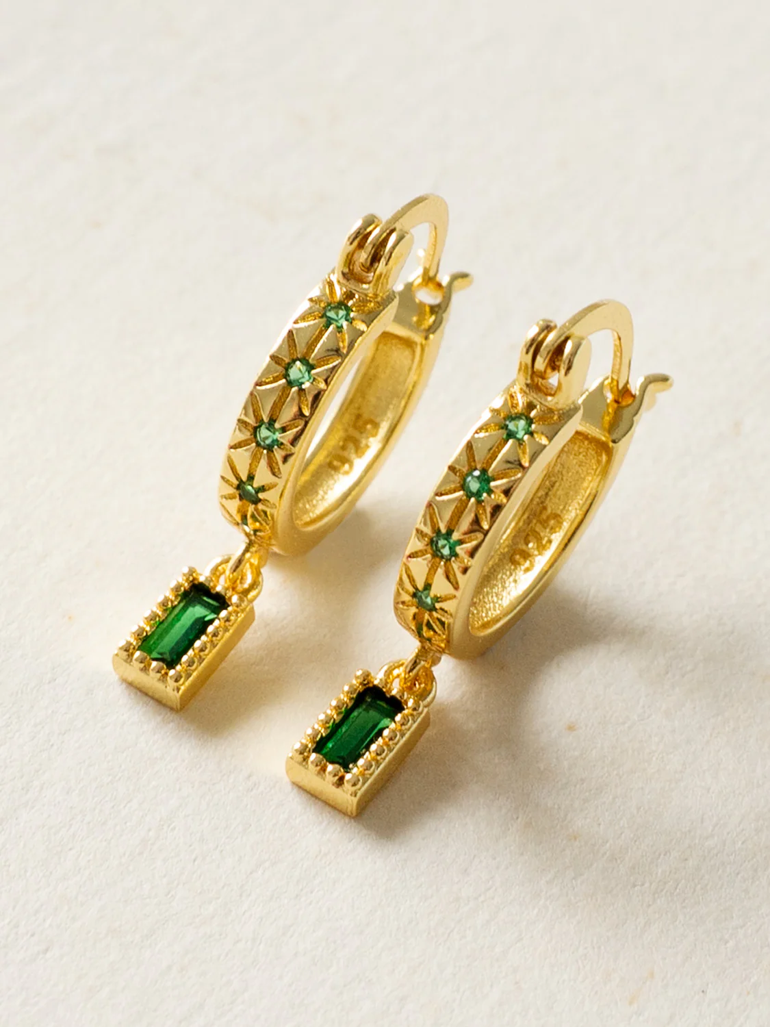 Starburst Huggies with Rectangular Gemstone, S925 - Green, Gold - Image 3