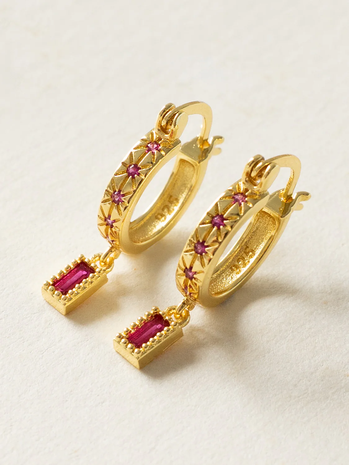 Starburst Huggies with Rectangular Gemstone, S925 - Magenta, Gold - Image 2