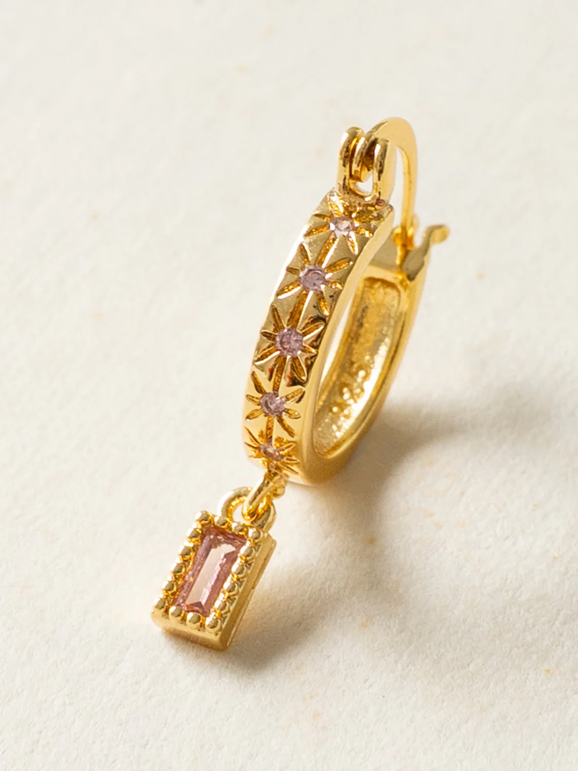 Starburst Huggies with Rectangular Gemstone, S925 - Sweet Pink, Gold - Image 2