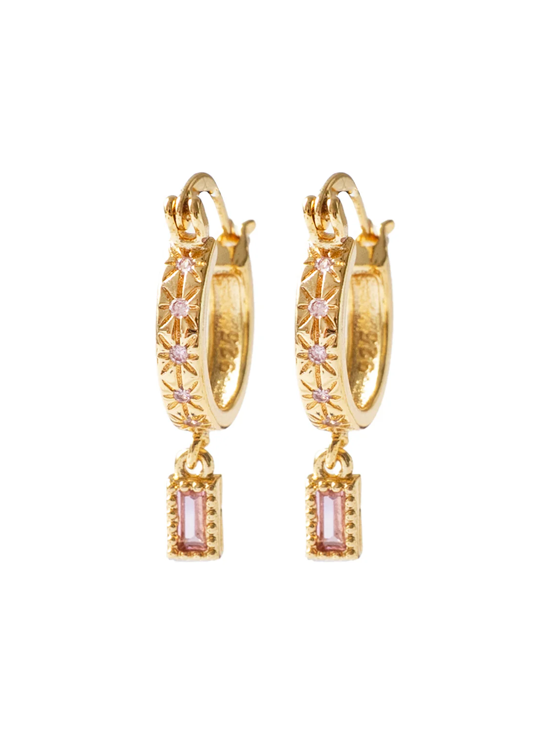 Starburst Huggies with Rectangular Gemstone, S925 - Sweet Pink, Gold - Image 3
