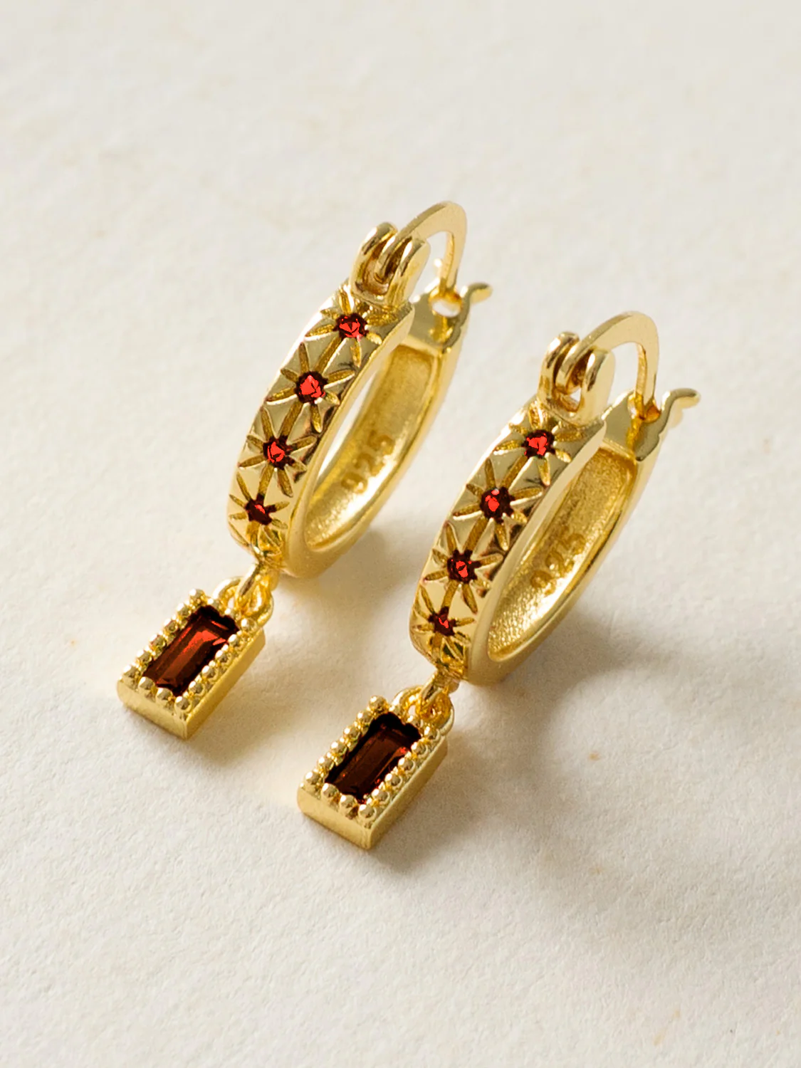 Starburst Huggies with Rectangular Gemstone, S925 - Wine Red, Gold - Image 2