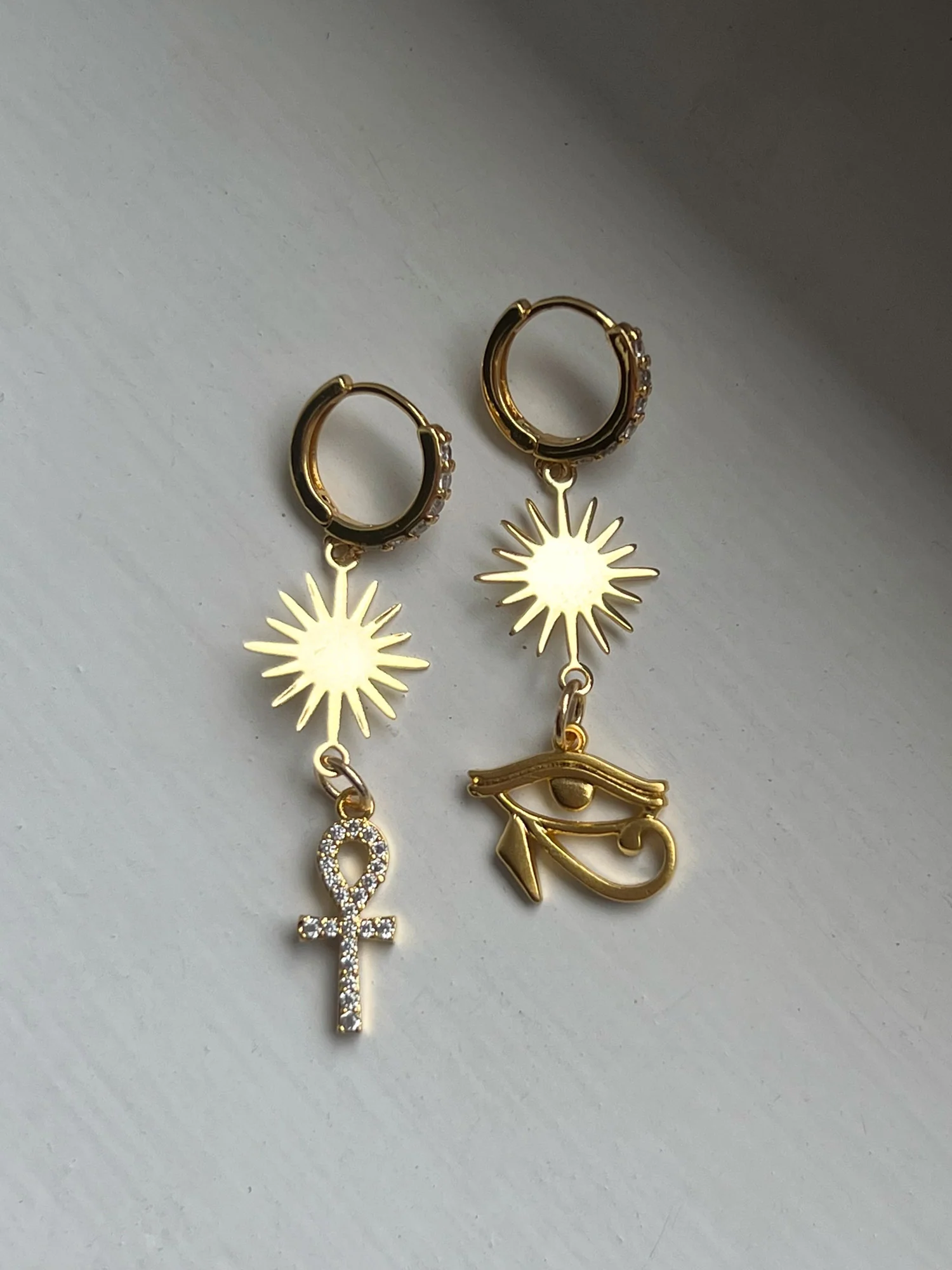 Starburst Mismatched Pavé Huggies - Ankh/Eye of Horus - Image 3
