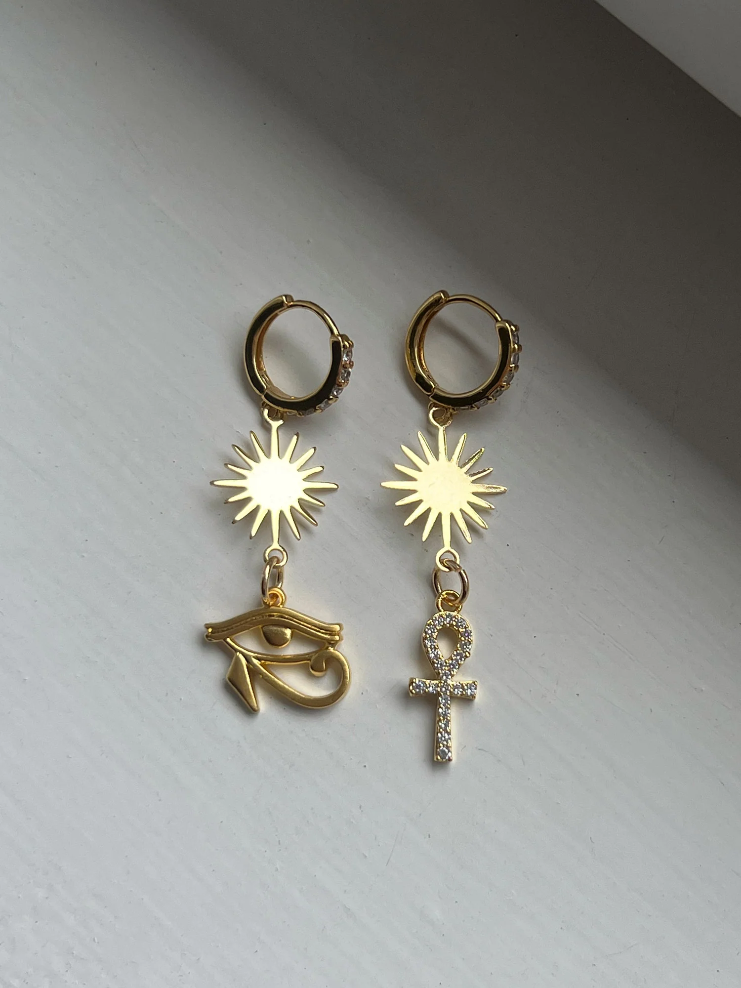 Starburst Mismatched Pavé Huggies - Ankh/Eye of Horus - Image 4