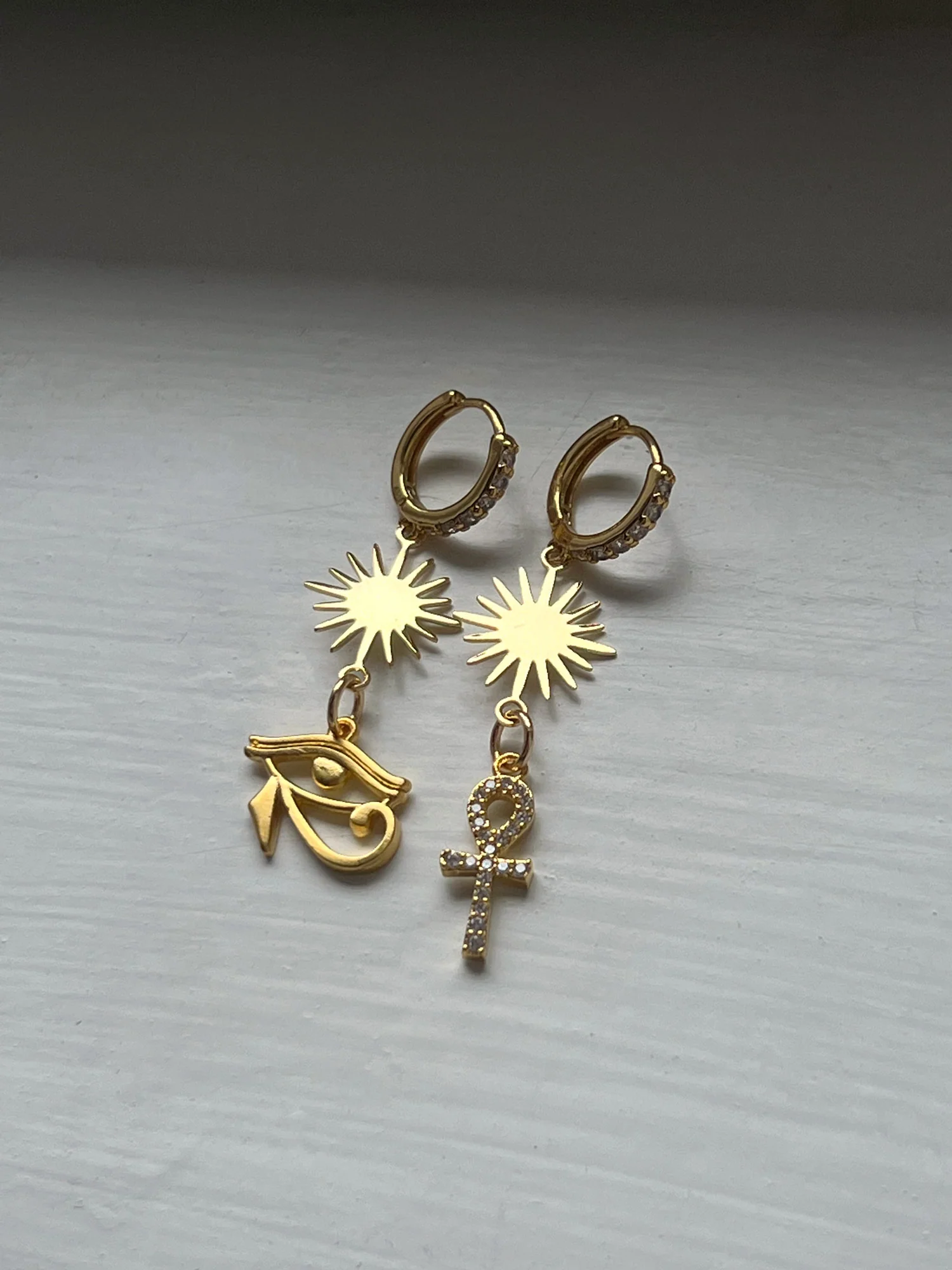 Starburst Mismatched Pavé Huggies - Ankh/Eye of Horus - Image 6