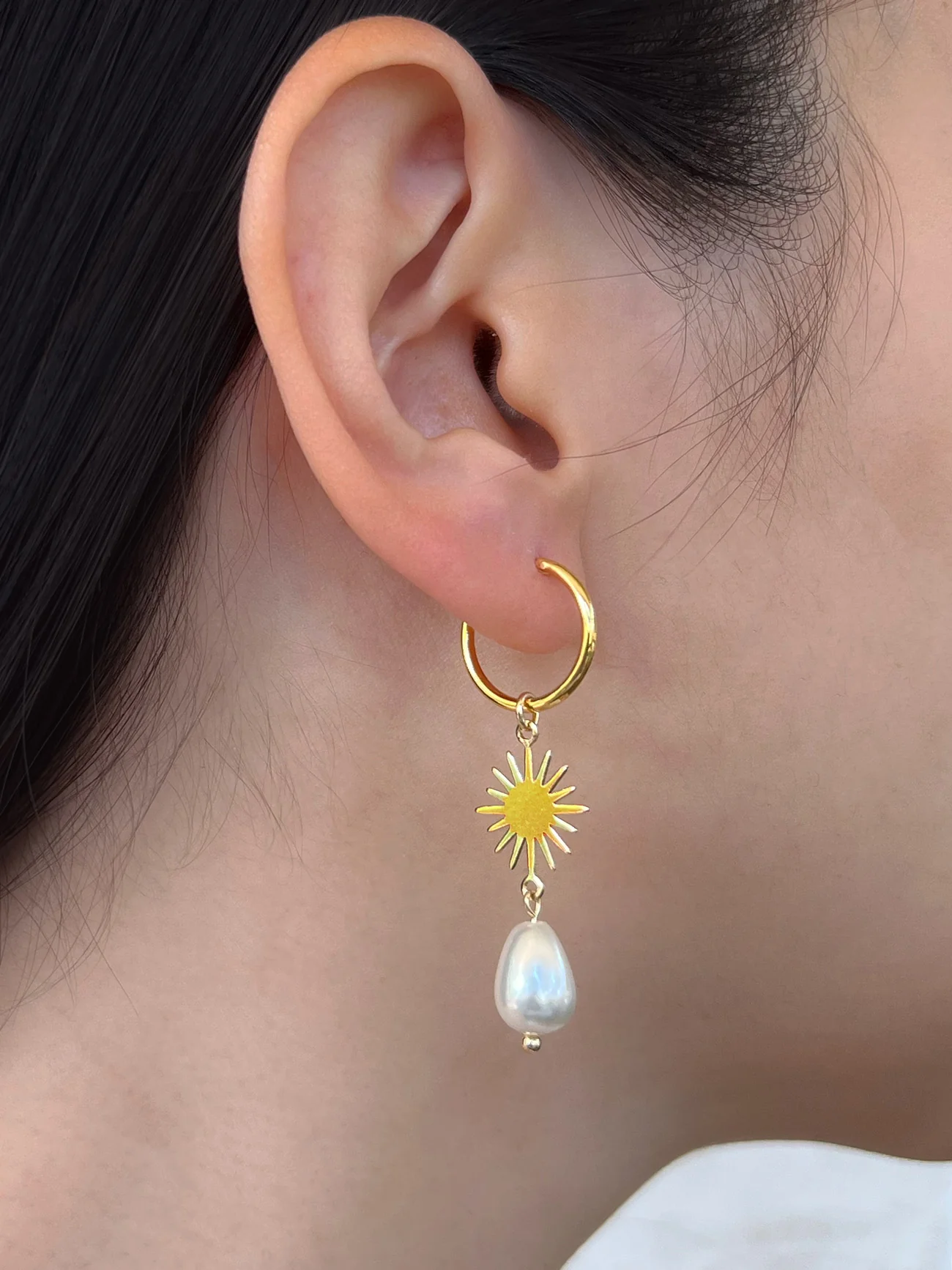 Starburst Teardrop Pearl Hoop Earrings - Image 2