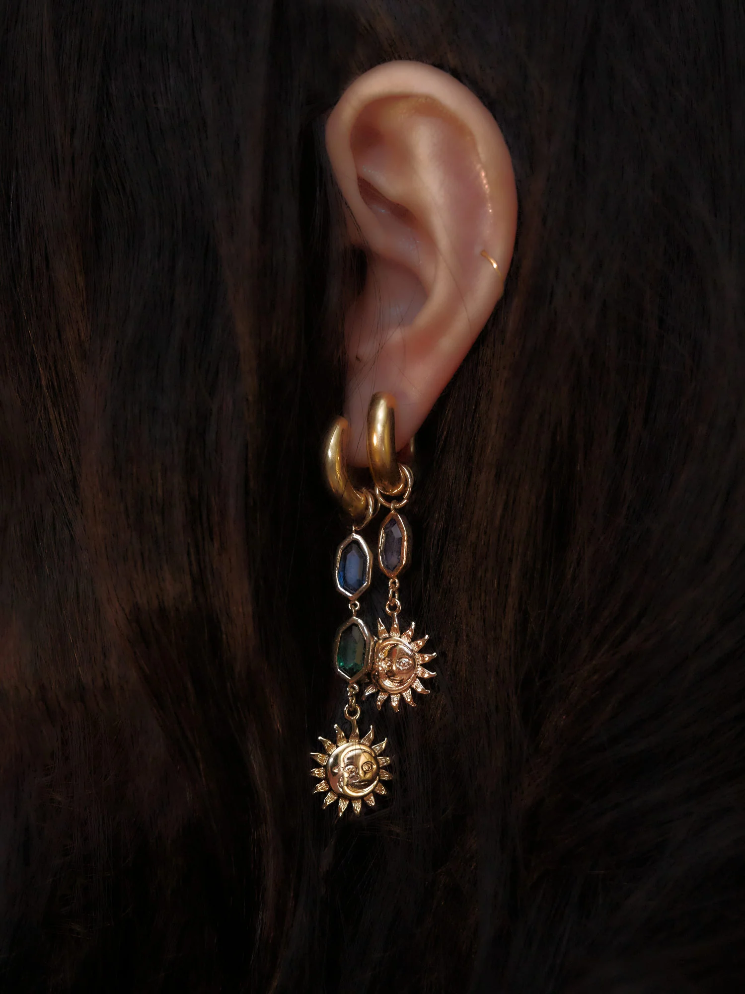 Sun-Moon Gemstone Chunky Hoops - Blue - Image 2