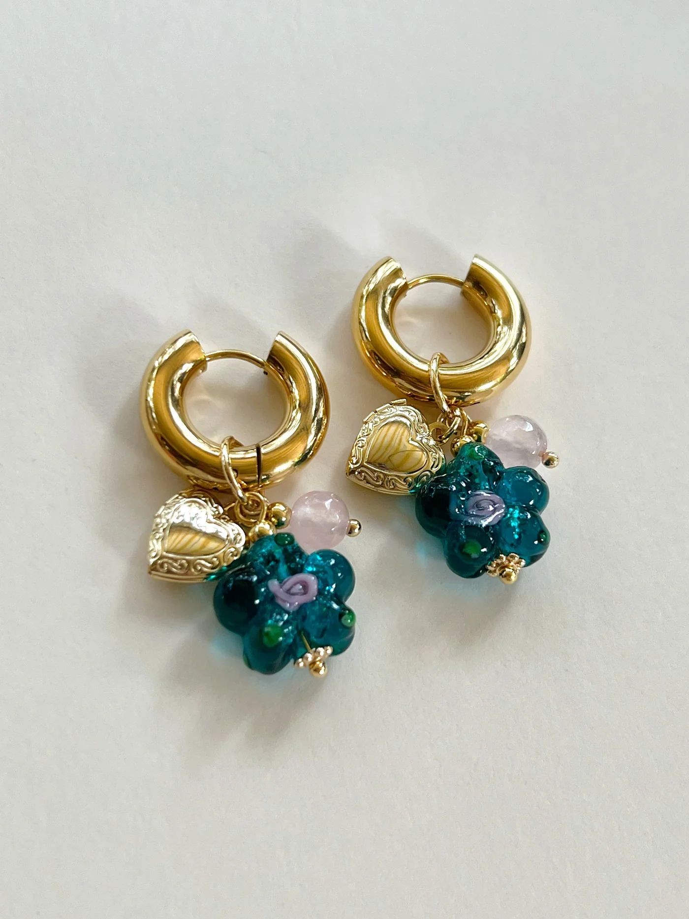 Teal-Green Glass Flower Chunky Hoops - Heart Locket/Pink Crystal - Image 2