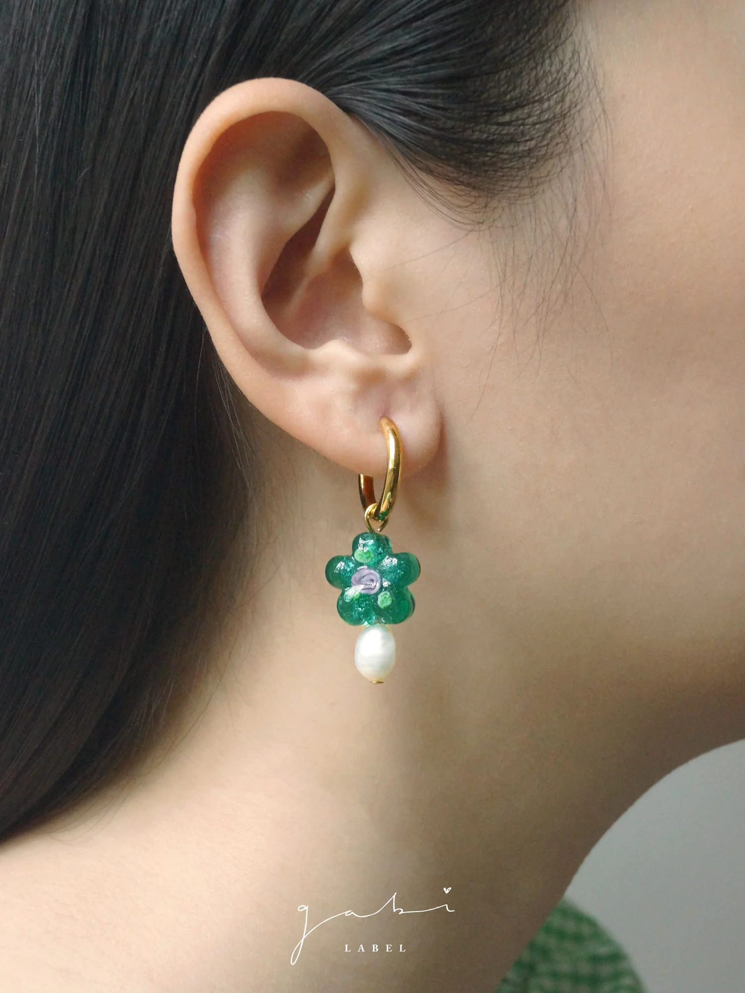 Teal-Green Glass Flower & Pearl Hoop Earrings - Image 3