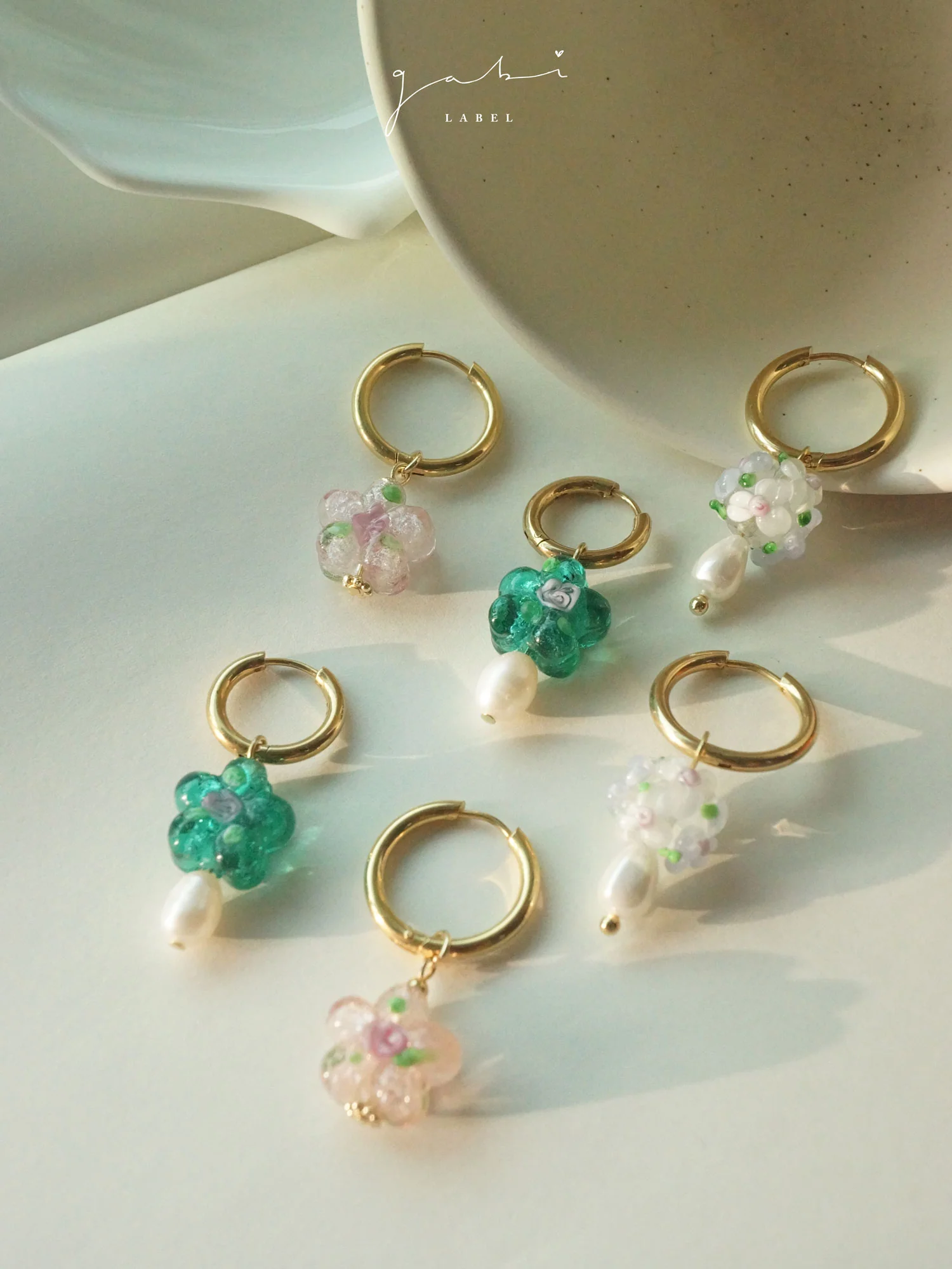 Teal-Green Glass Flower & Pearl Hoop Earrings - Image 5