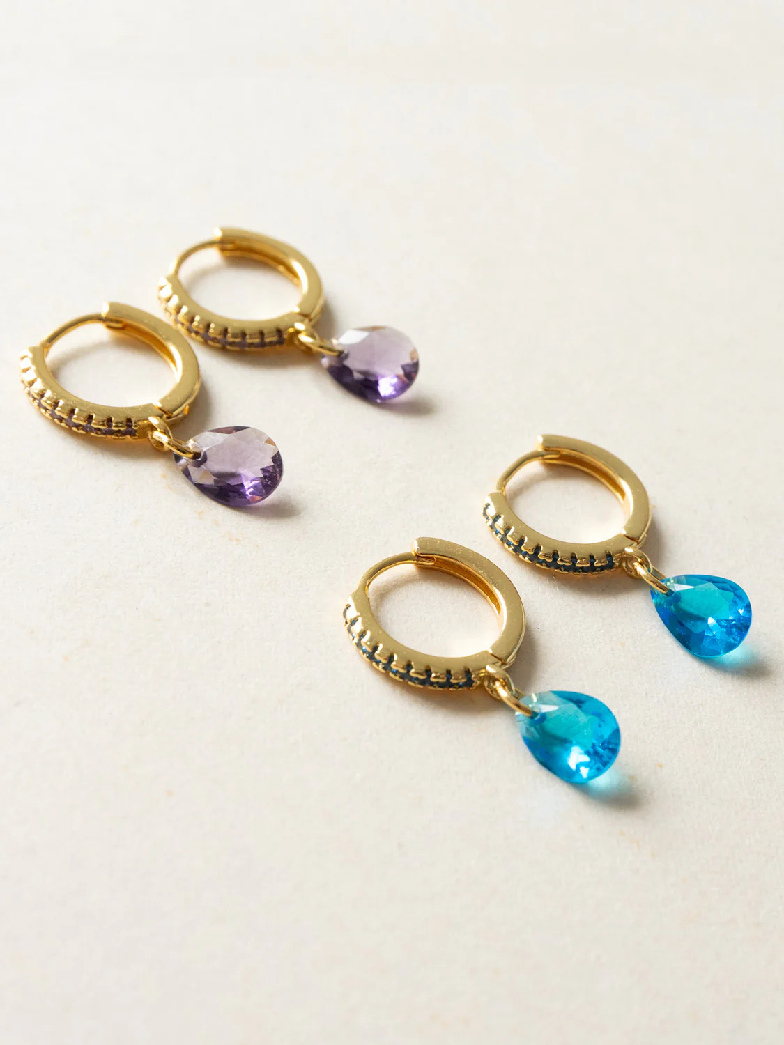 Teardrop Dangle Huggies, S925 - Purple, Gold - Image 4