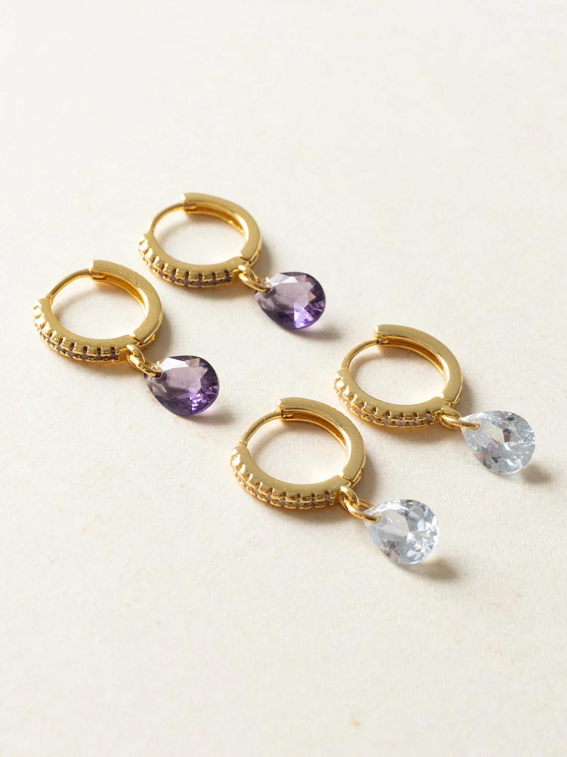 Teardrop Dangle Huggies, S925 - Purple, Gold - Image 2