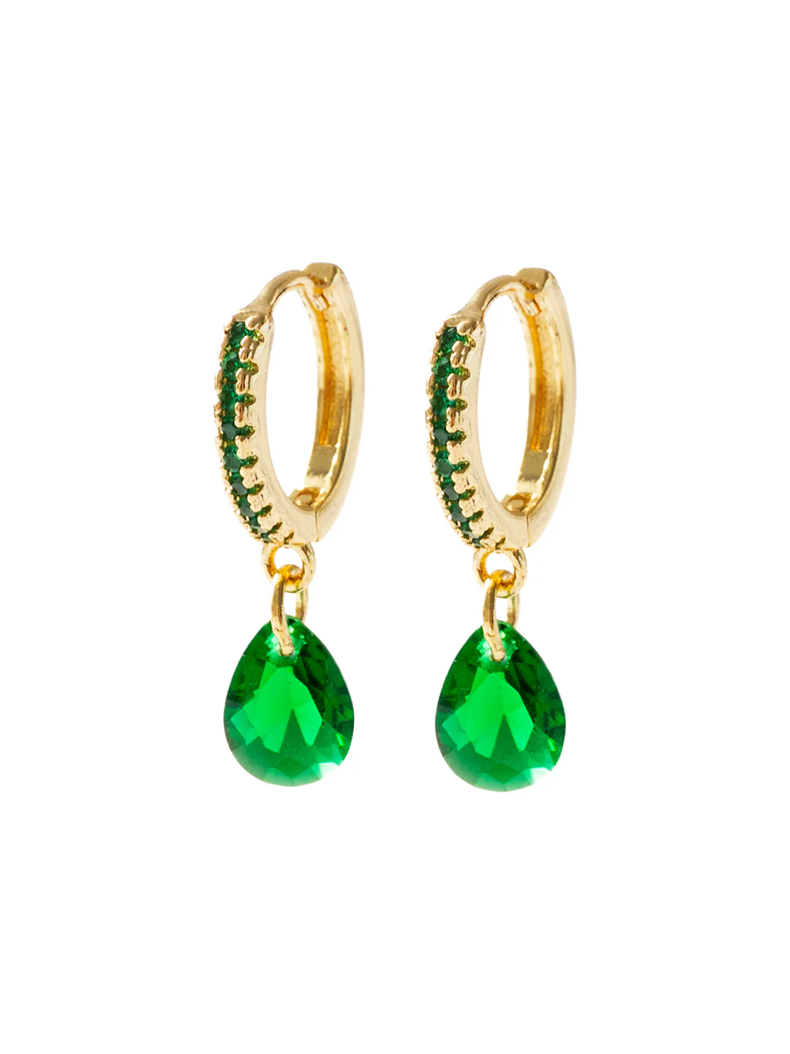 Teardrop Dangle Huggies, S925 - Emerald Green, Gold - Image 3