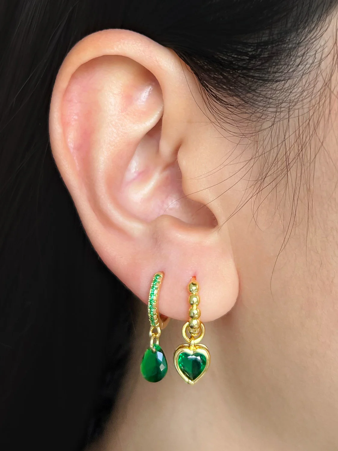 Teardrop Dangle Huggies, S925 - Emerald Green, Gold - Image 4