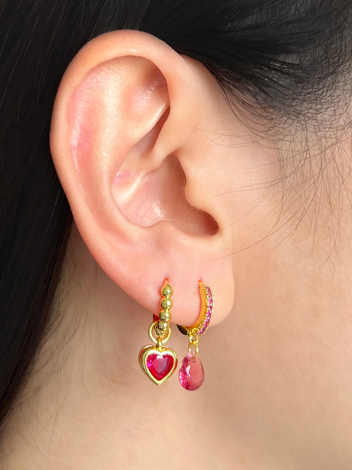 Teardrop Dangle Huggies, S925 - Grapefruit, Gold - Image 3