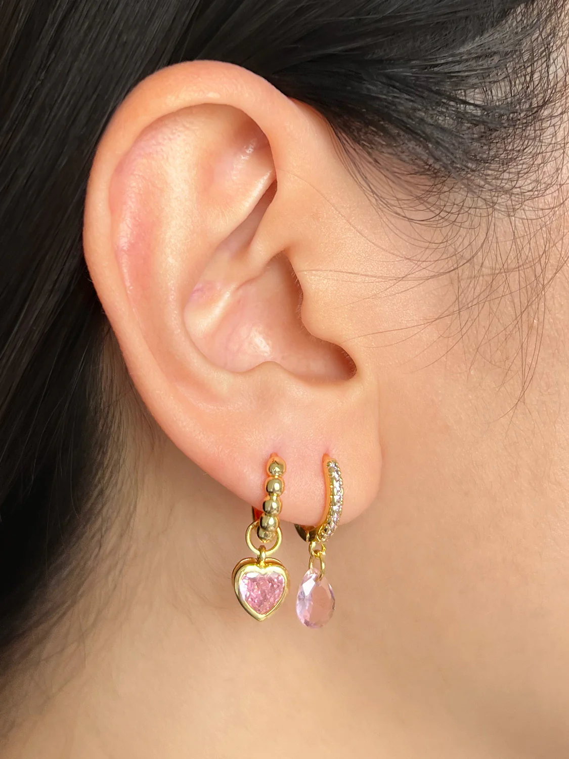 Boba Huggies with Heart Gemstone, S925 - Light Pink, Gold - Image 3
