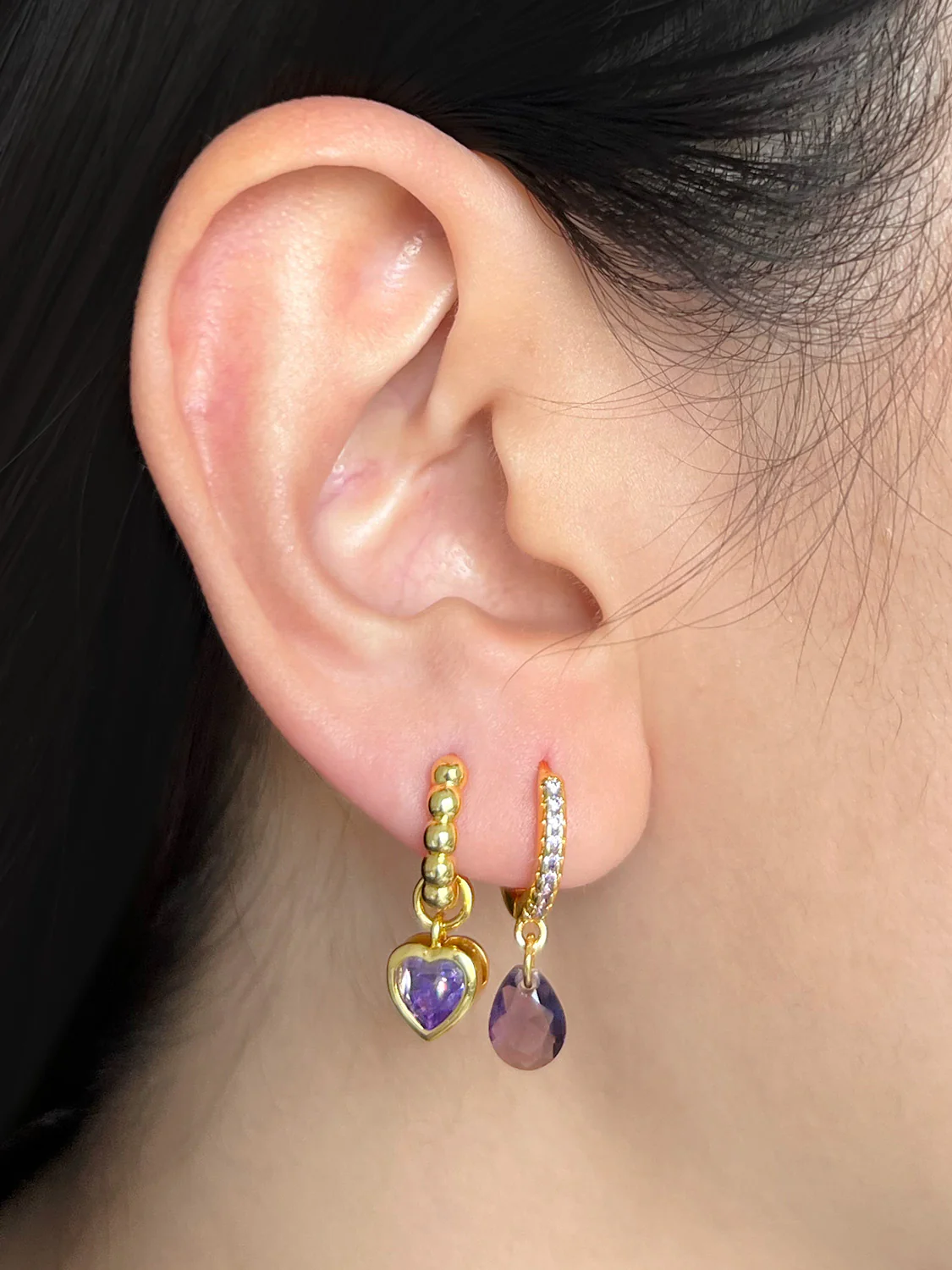 Teardrop Dangle Huggies, S925 - Purple, Gold - Image 3