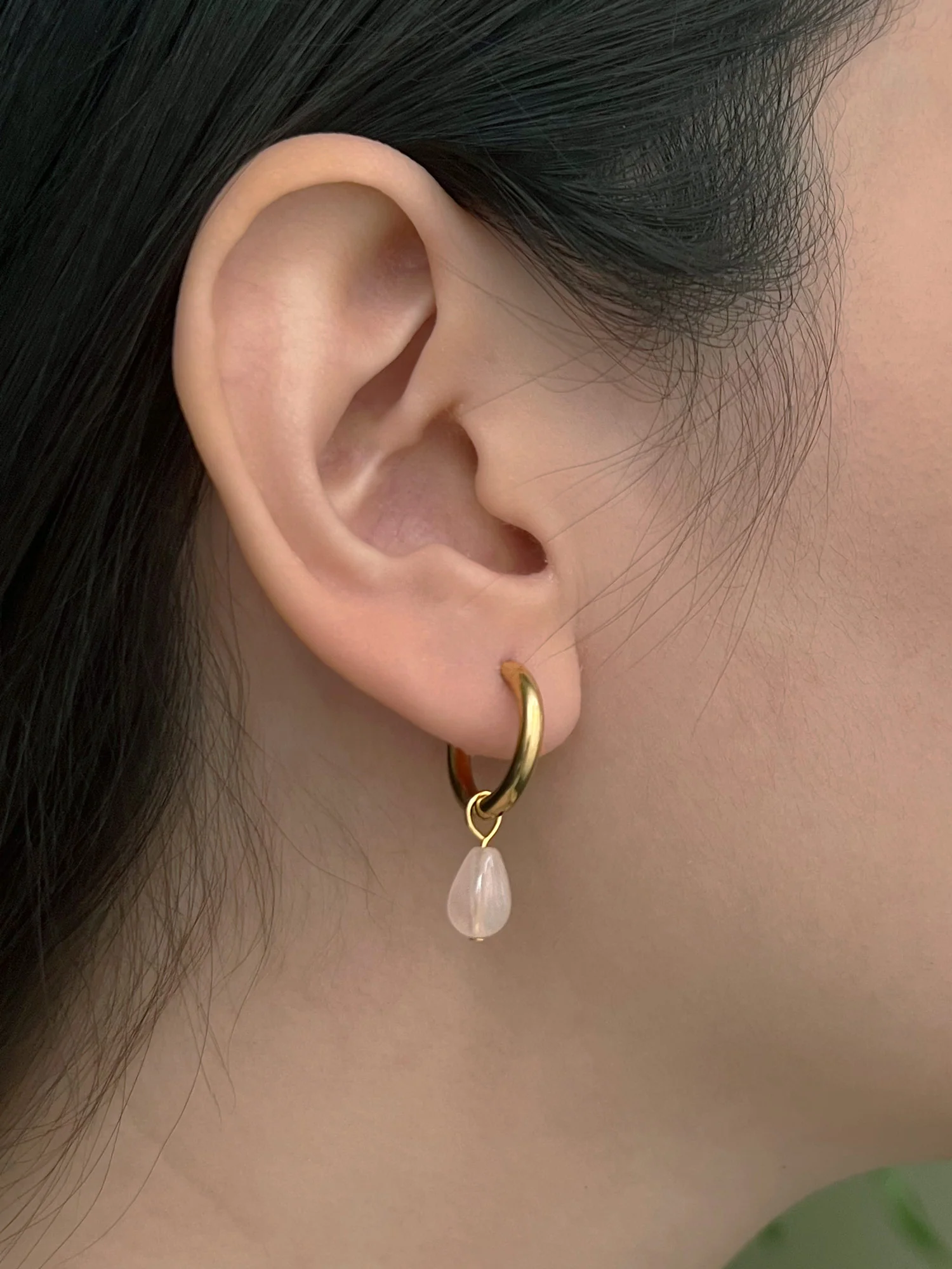 Teardrop Stainless Steel Hoops - Rose Quartz - Image 3