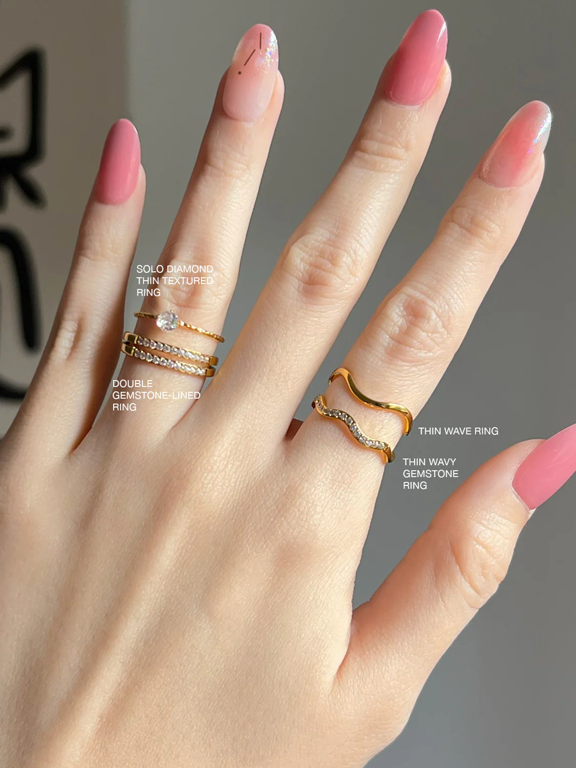 Thin Wavy Gemstone Ring, Stainless Steel - Gold - Image 2