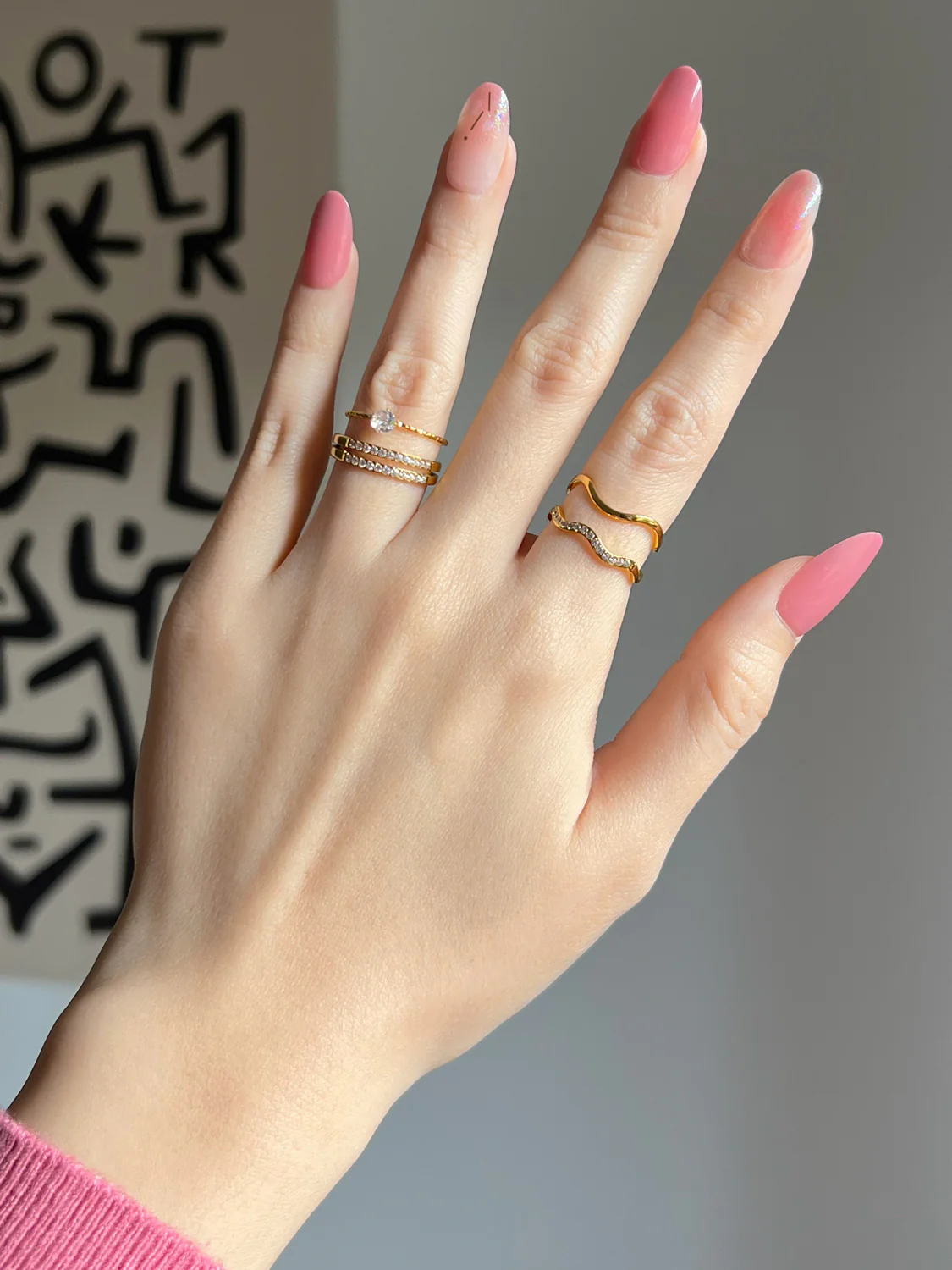 Thin Wavy Gemstone Ring, Stainless Steel - Gold - Image 4