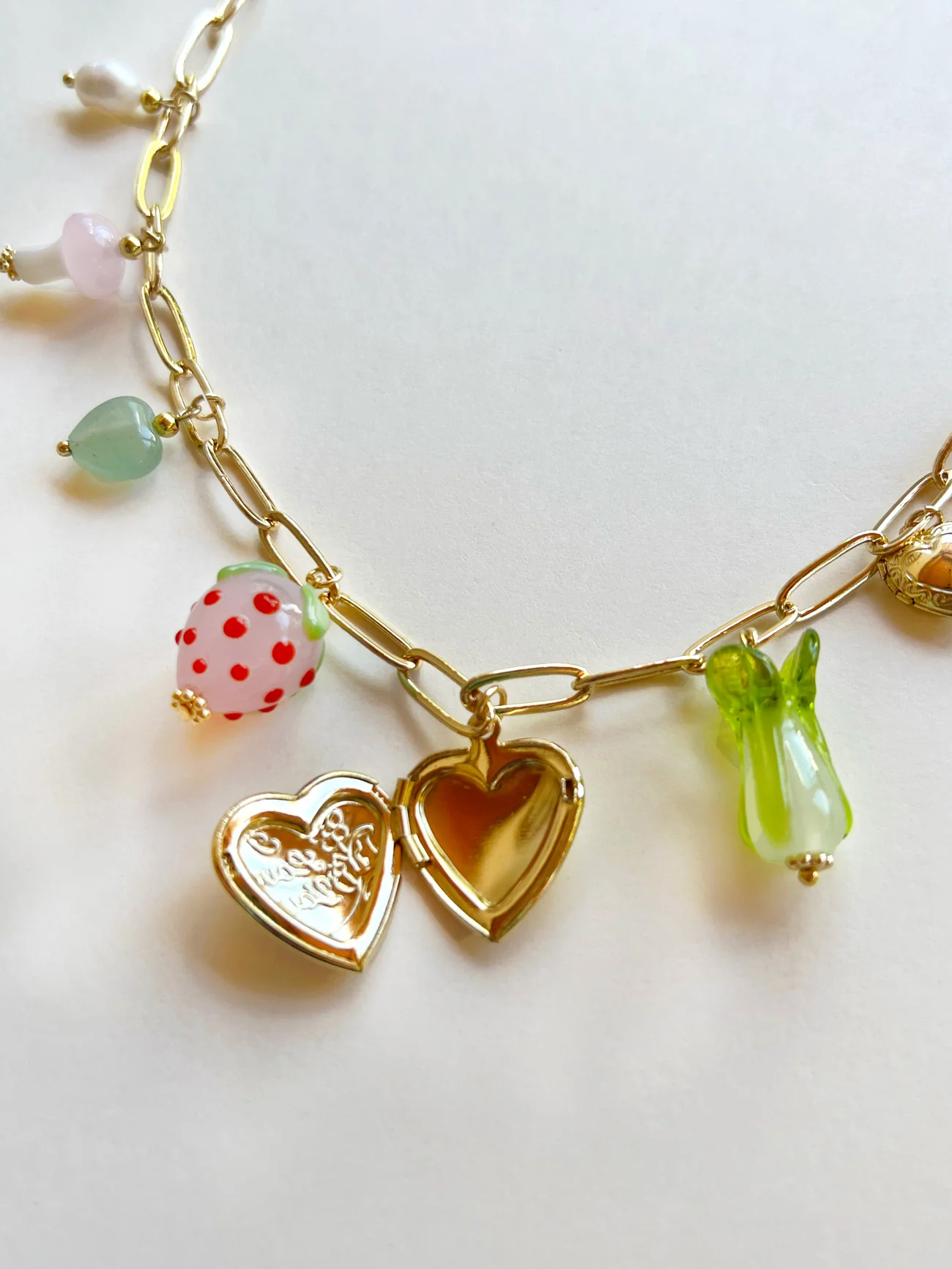 Fruits & Veggies Heart Locket Charm Necklace - Pink Strawberry, Bok Choy & Mushrooms - Image 3