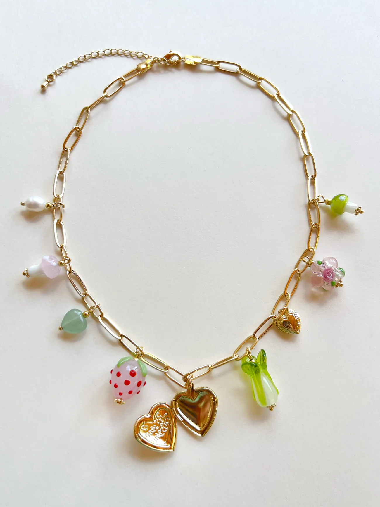 Fruits & Veggies Heart Locket Charm Necklace - Pink Strawberry, Bok Choy & Mushrooms - Image 2