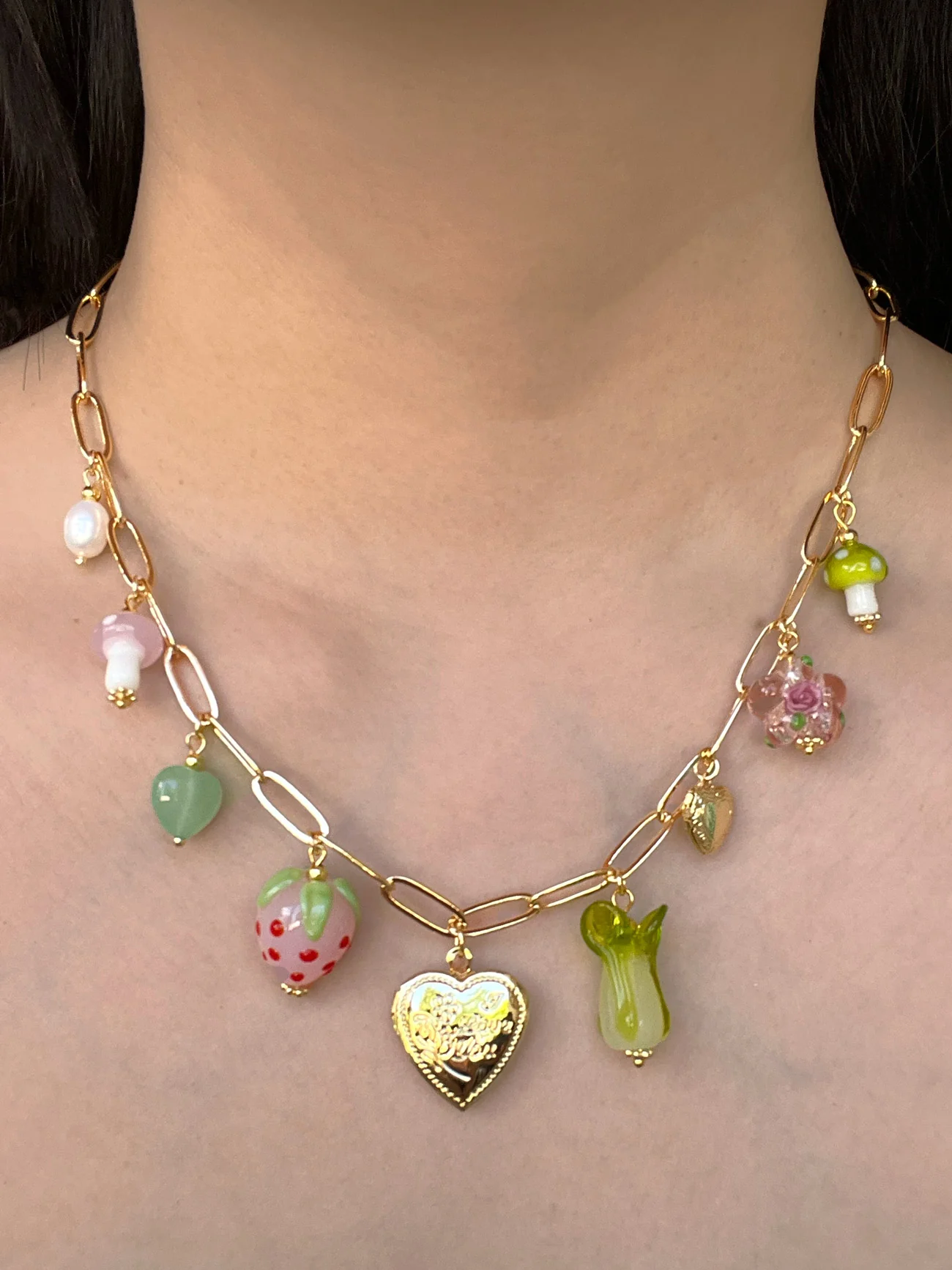 Fruits & Veggies Heart Locket Charm Necklace - Pink Strawberry, Bok Choy & Mushrooms - Image 4
