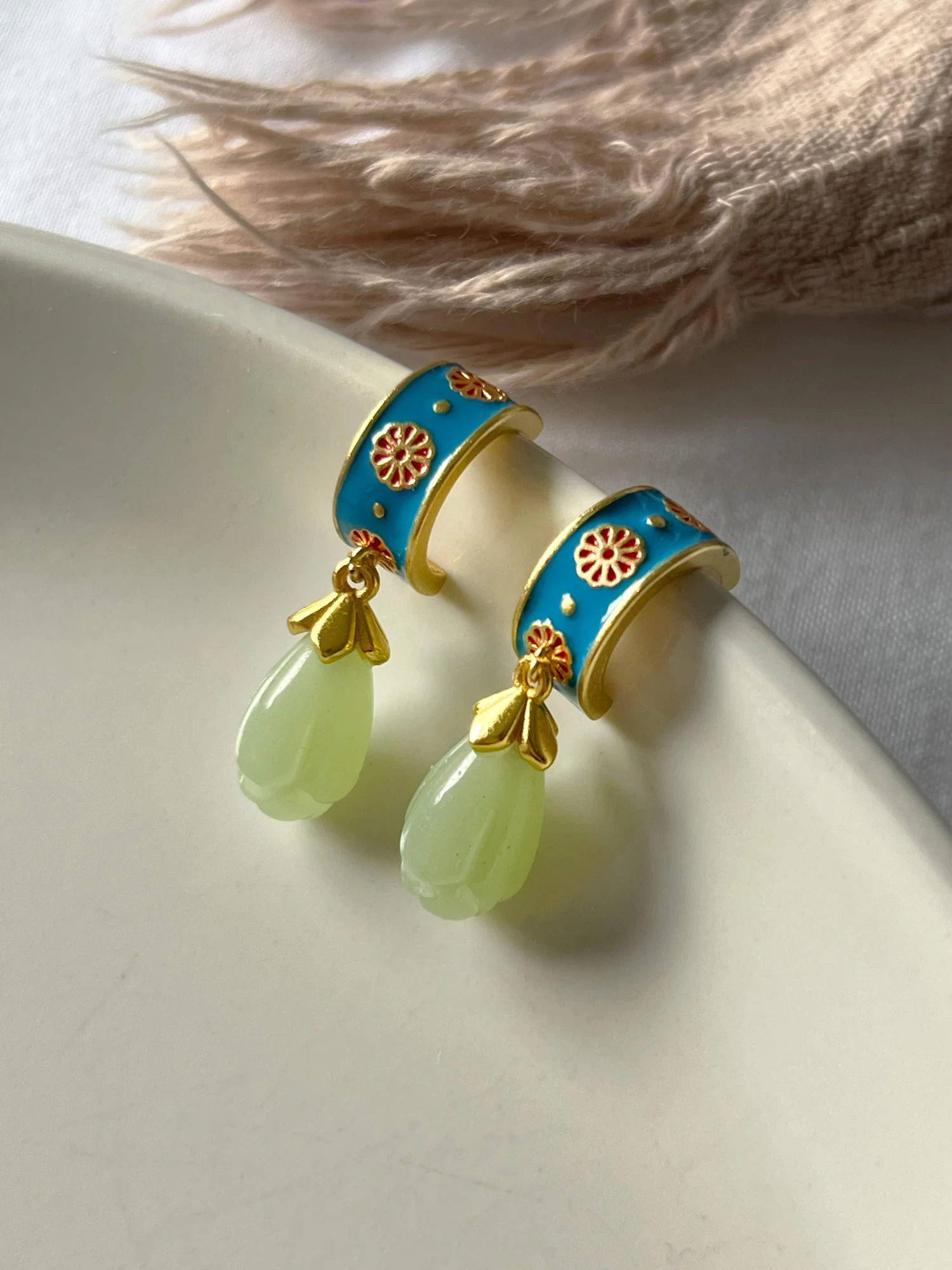 Vintage Floral Motif Hoops with Jade