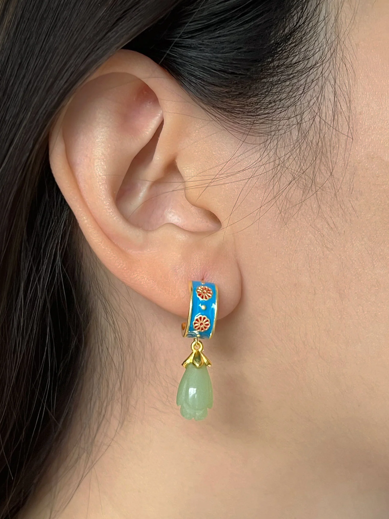Vintage Floral Motif Hoops with Jade - Image 2