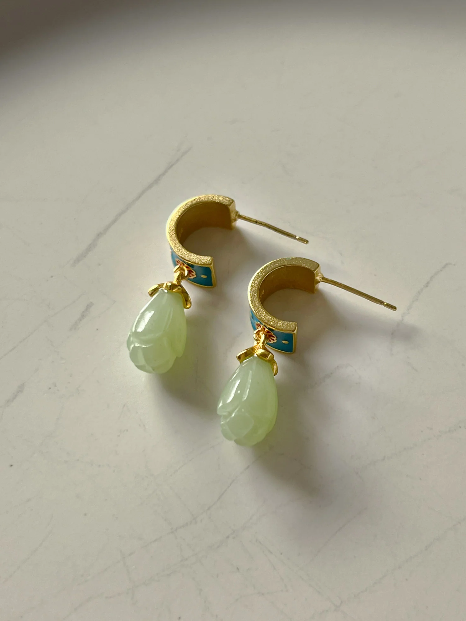 Vintage Floral Motif Hoops with Jade - Image 3
