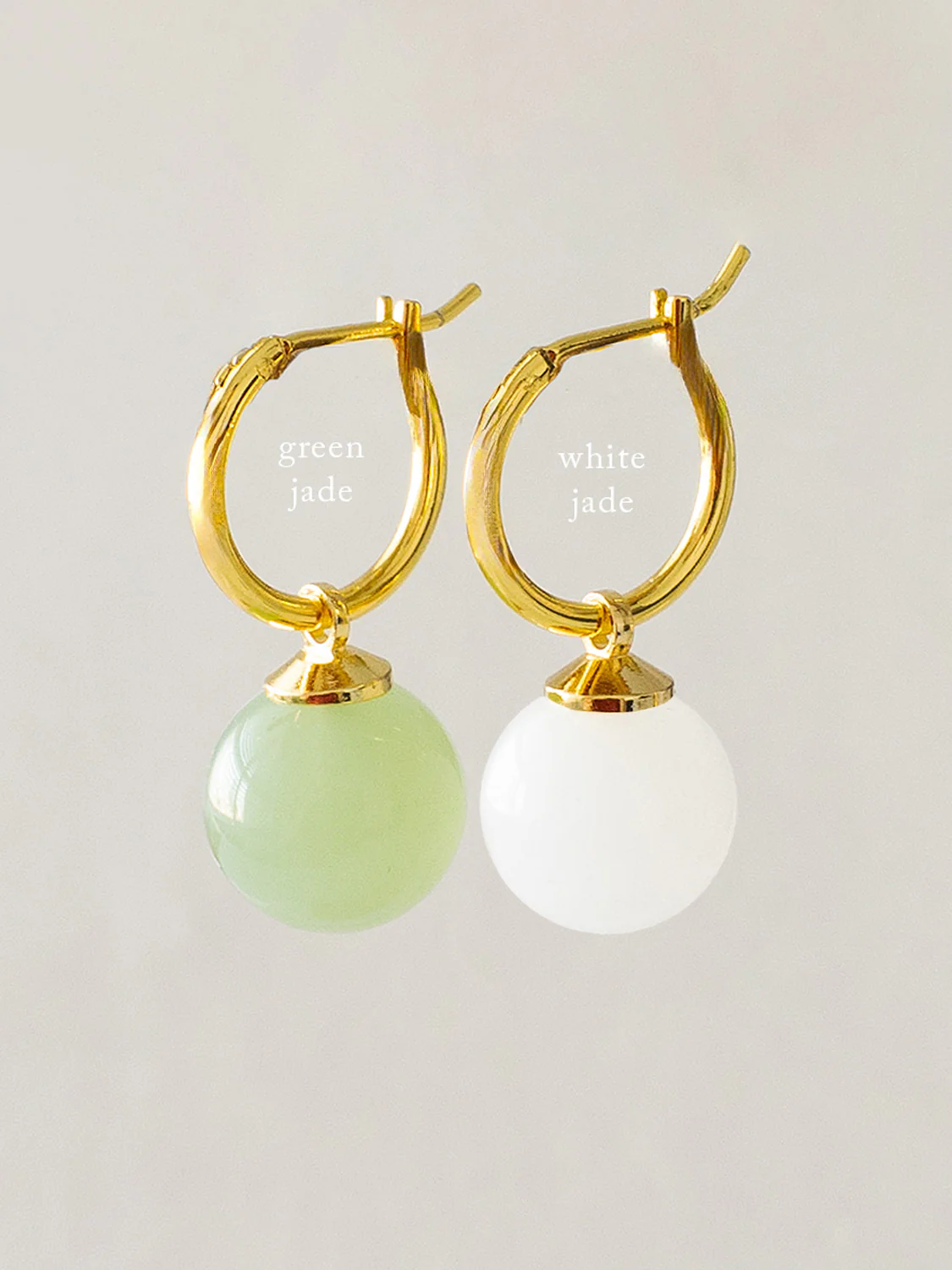 White Jade Ball Hoops, S925 - Gold - Image 2