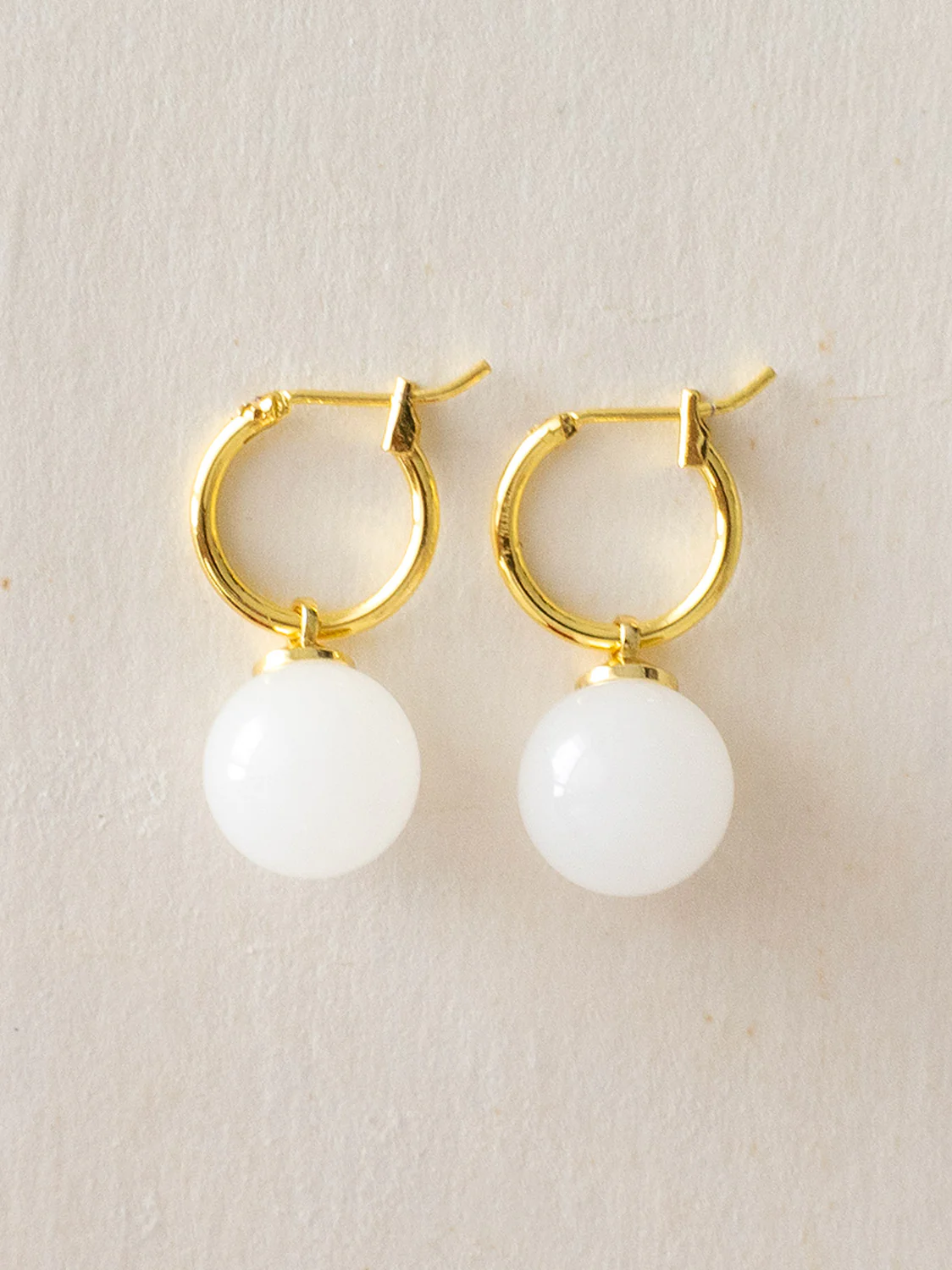White Jade Ball Hoops, S925 - Gold - Image 4